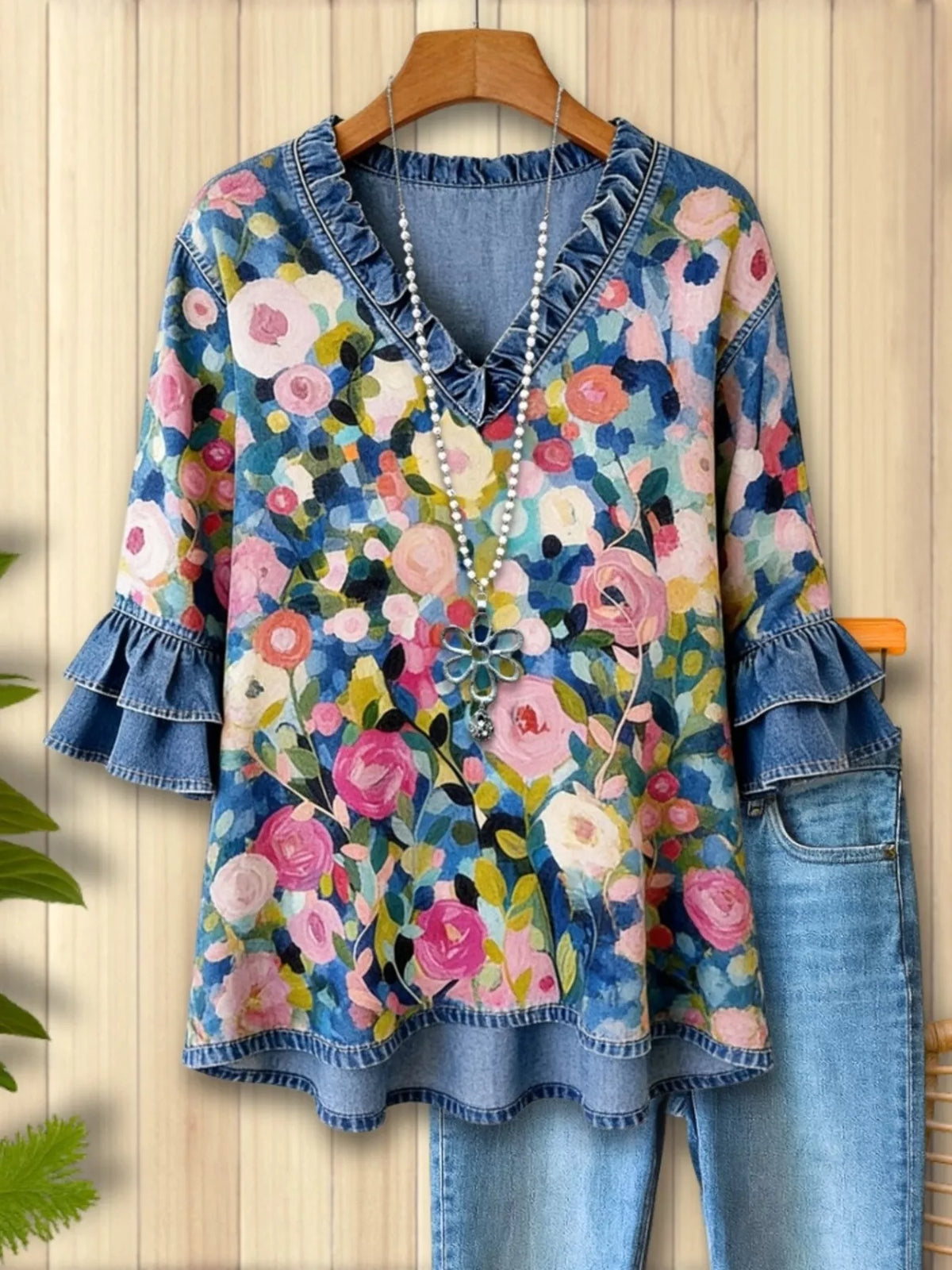 Full Size Floral Print Ruffle Trim Denim Top Plus Size