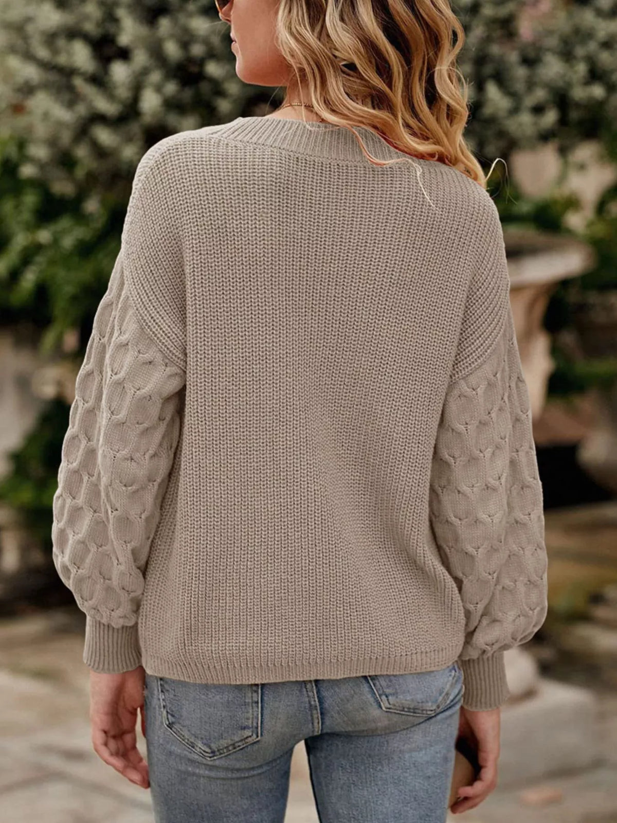 Textured Sleeve Round Neck Sweater