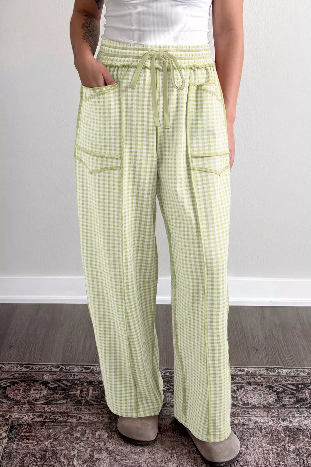 Gingham High-Waisted Drawstring Wide-Leg Pants