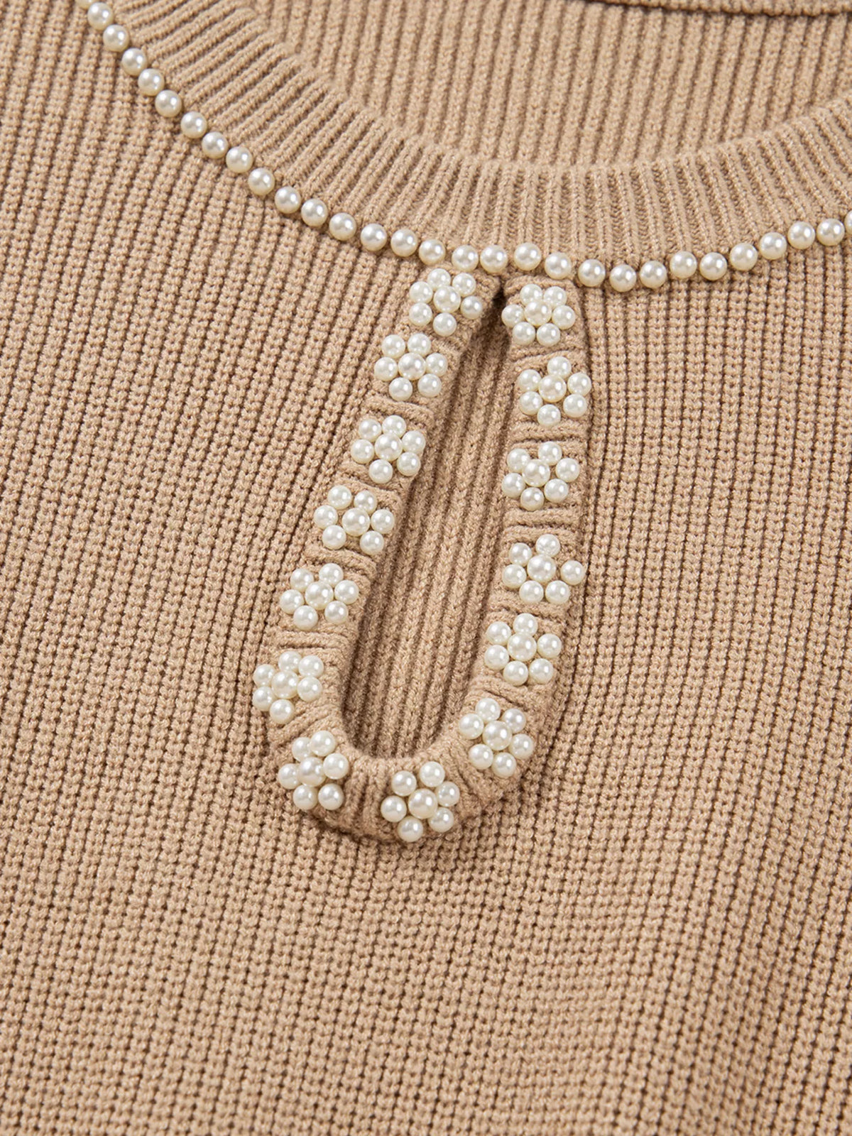 Pearl Embellished Keyhole Ribbed Sweater Dress in Camel, view 10