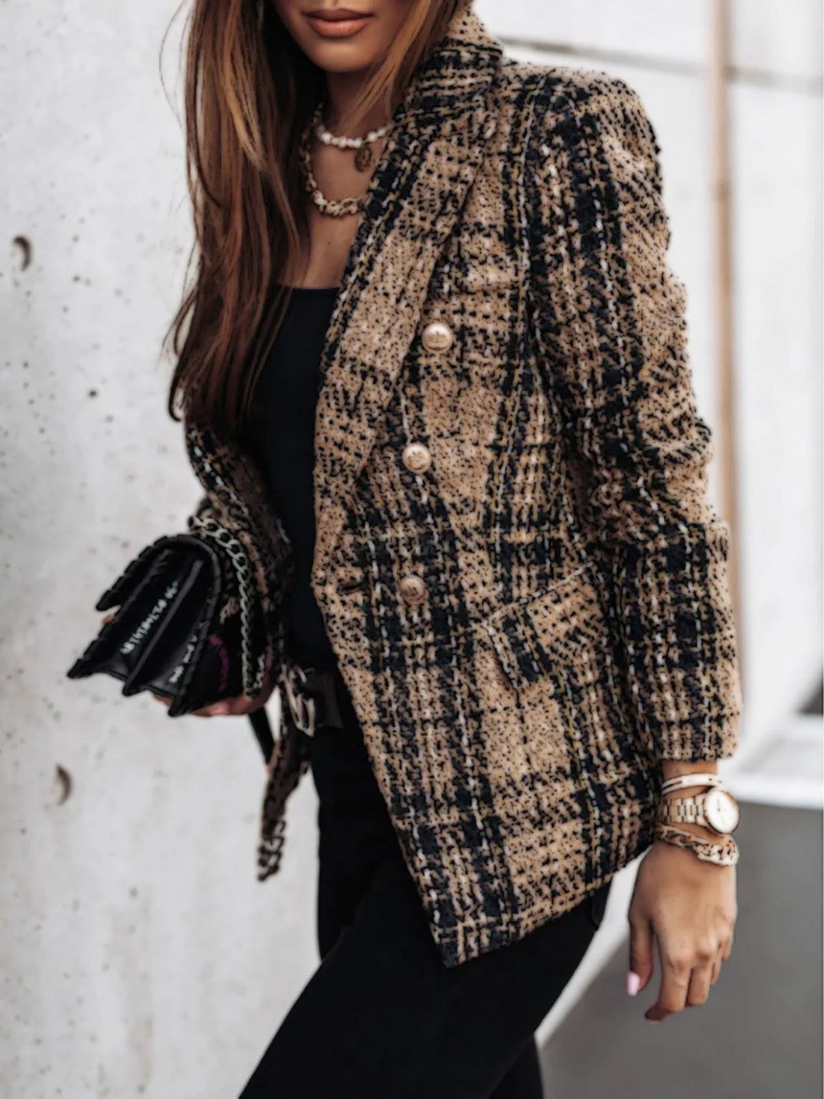 Full Size Plaid Tweed Double-Breasted Blazer Plus Size - Lilixa.store