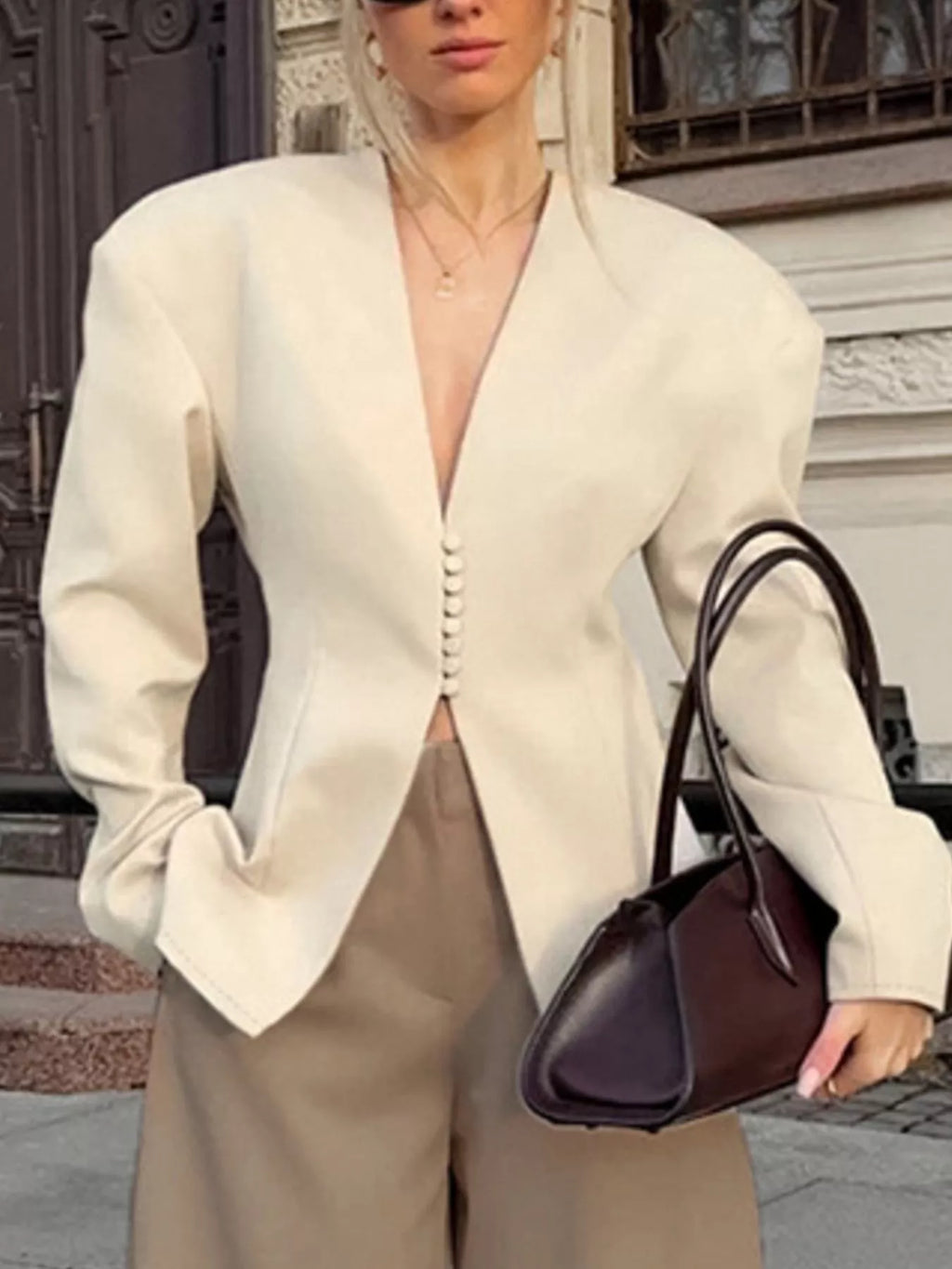 V-Neck Button-Up Blazer with Structured Shoulders - Lilixa.store