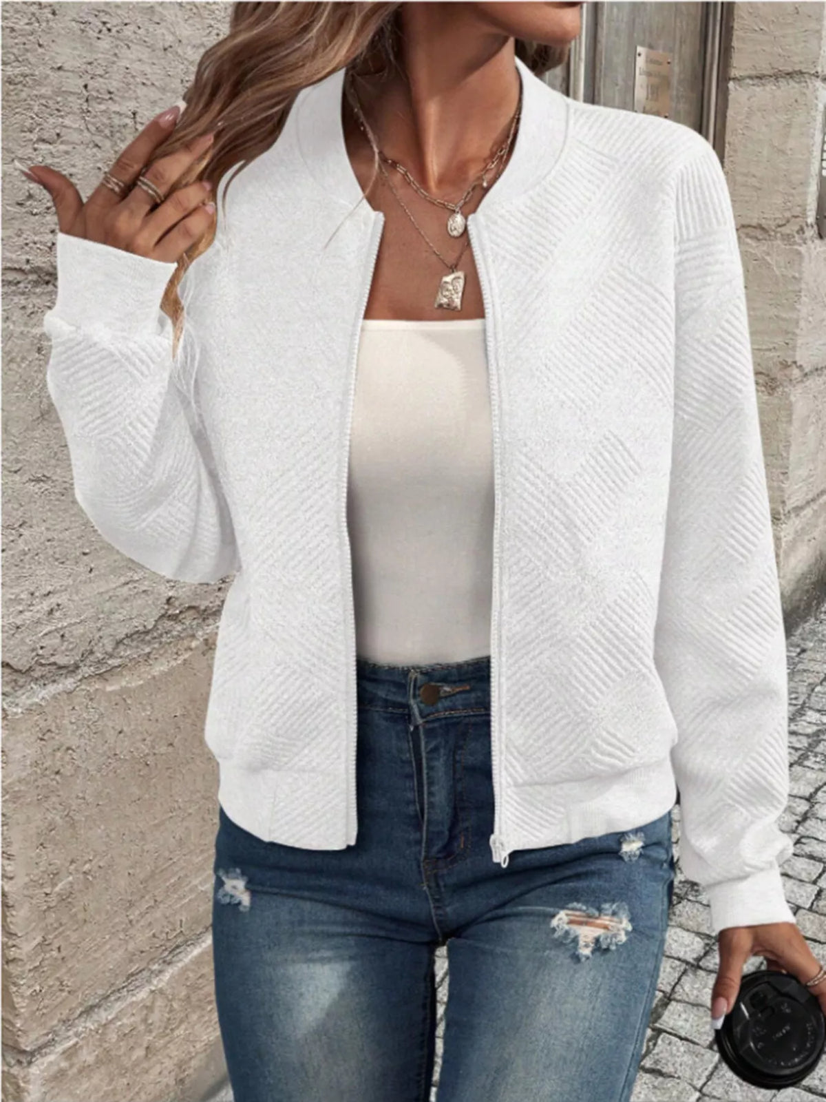 Textured Knit Zip-Up Bomber Jacket in White