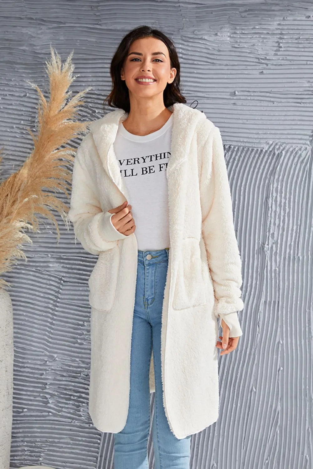 Double Take Full Size Hooded Teddy Bear Jacket with Thumbholes - Lilixa.store