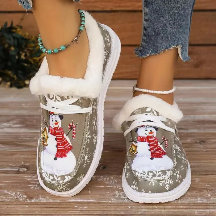 Snowman Print Round Toe Slip-Ons in Khaki