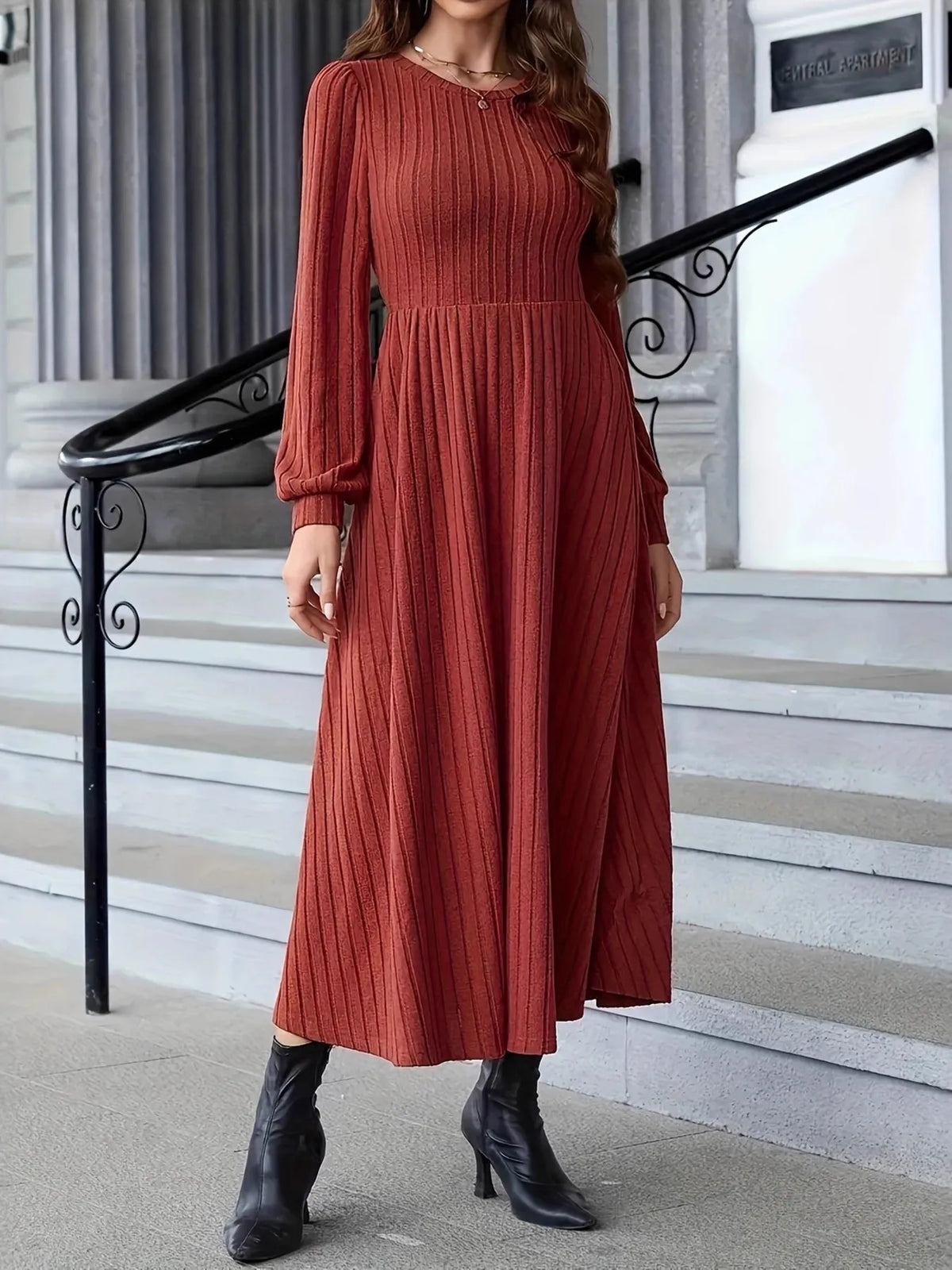 Ribbed Long Sleeve Sweater Dress in Rust