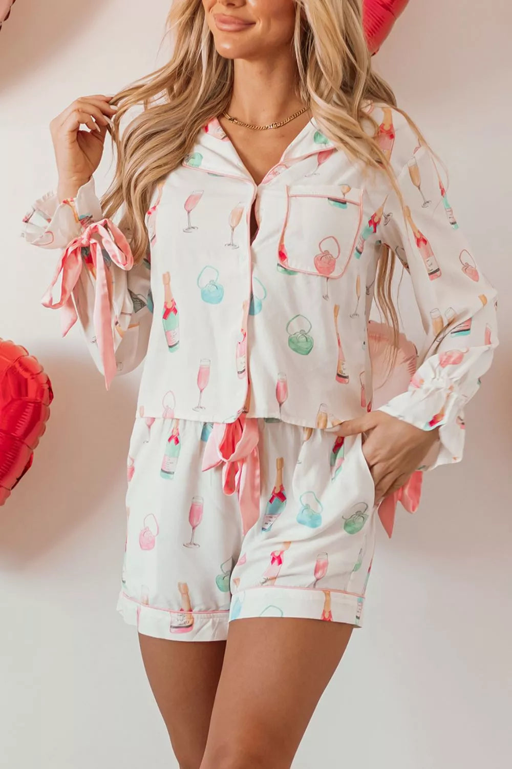 Bow Printed Collared Neck Top and Drawstring Shorts Lounge Set - Lilixa.store