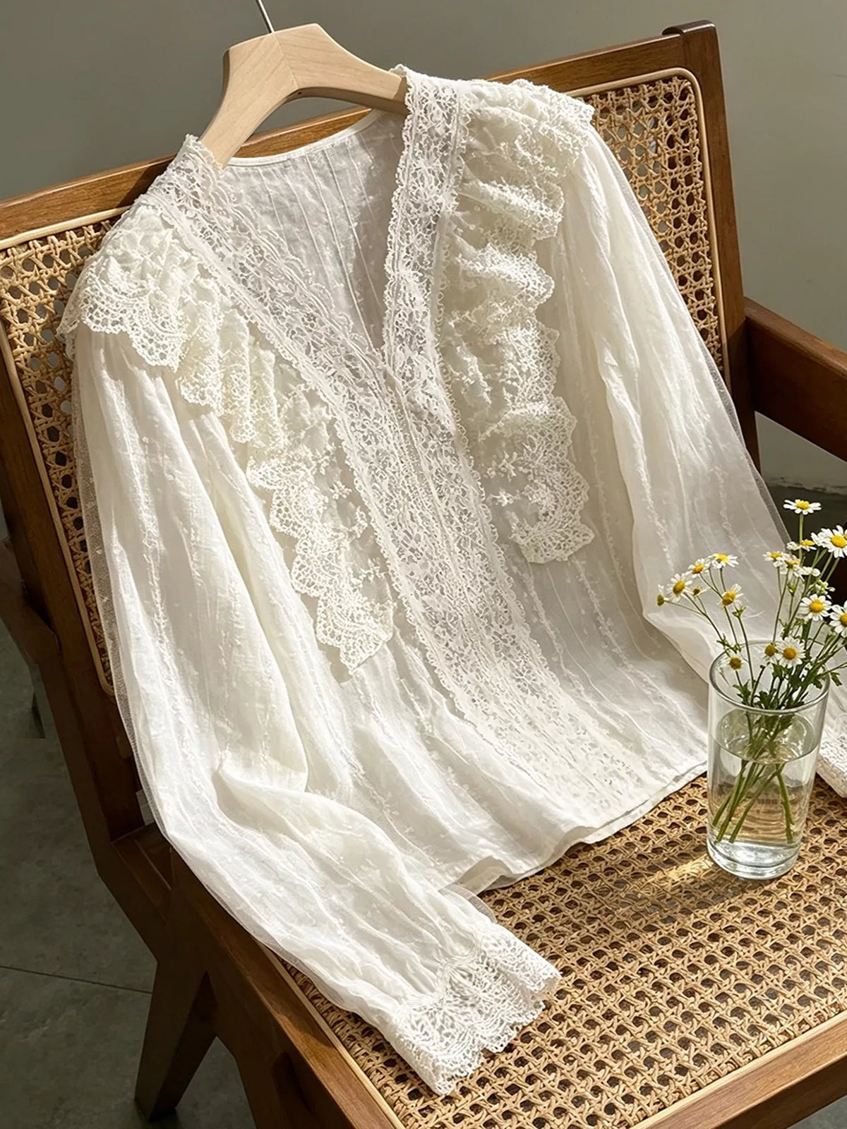 V-Neck Lace Ruffle Sheer Blouse in Apricot, view 2