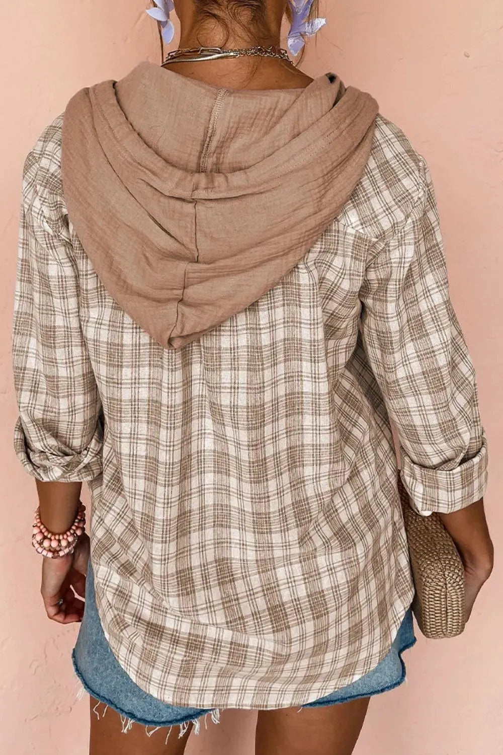 Drawstring Button Up Hooded Jacket in Khaki, view 2