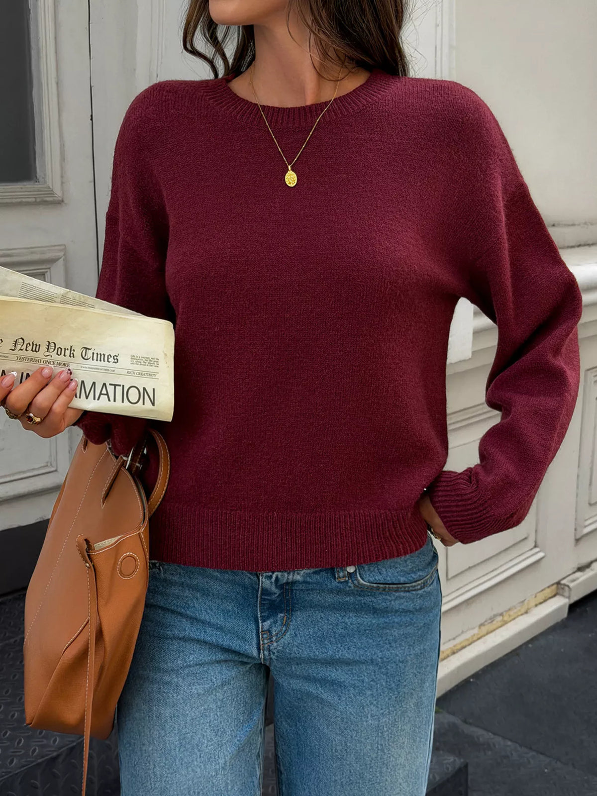 Crew Neck Dropped Shoulder Sweater - Lilixa.store