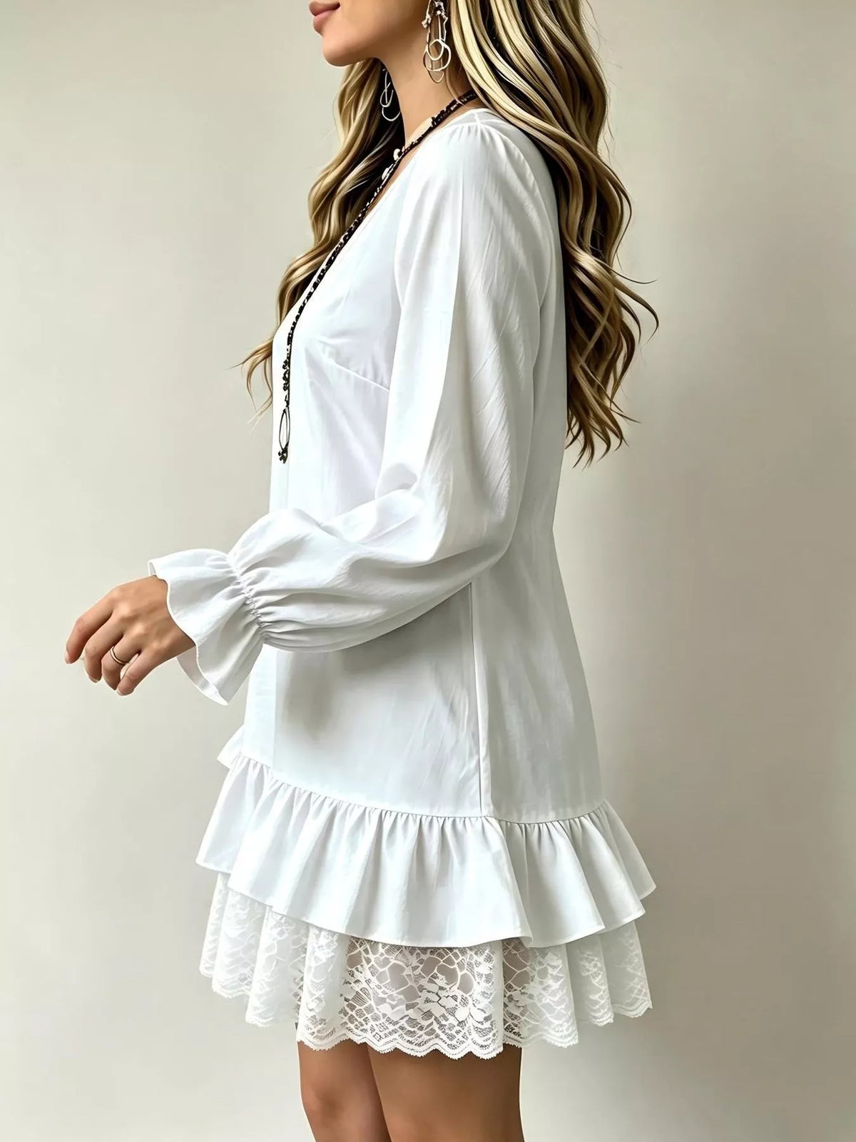 V-Neck Long Sleeve Ruffle Hem Lace Trim Mini Dress