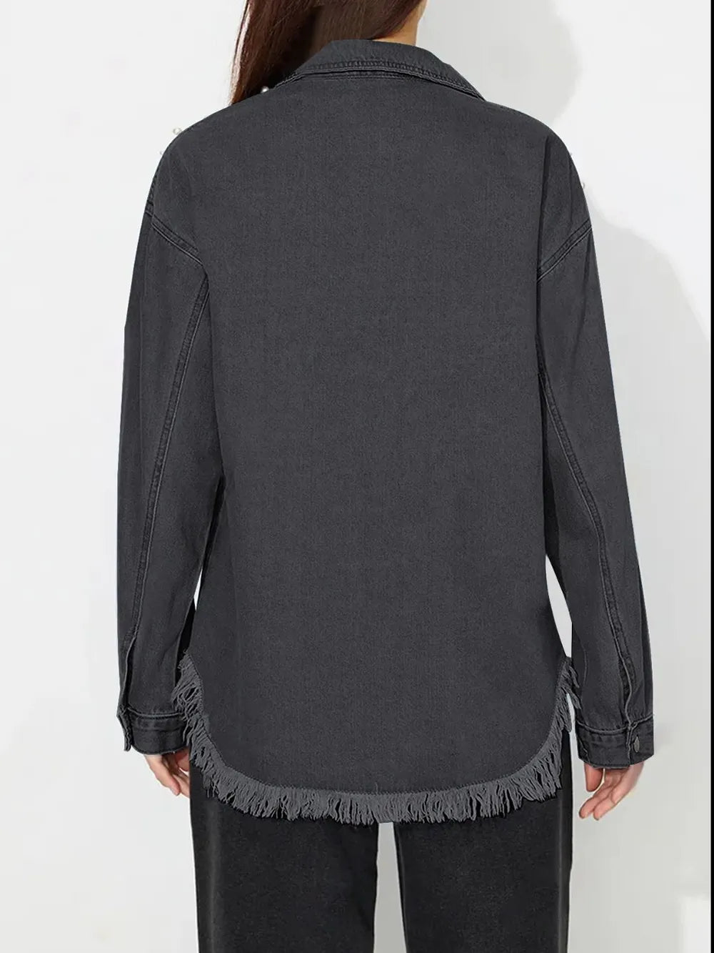 Raw Hem Pearl Trim Collared Neck Denim Top - Lilixa.store