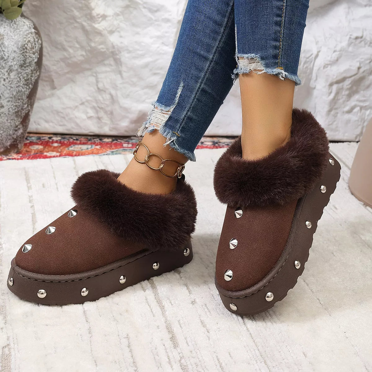 Studded Platform Faux Fur Lined Winter Boots - Lilixa.store
