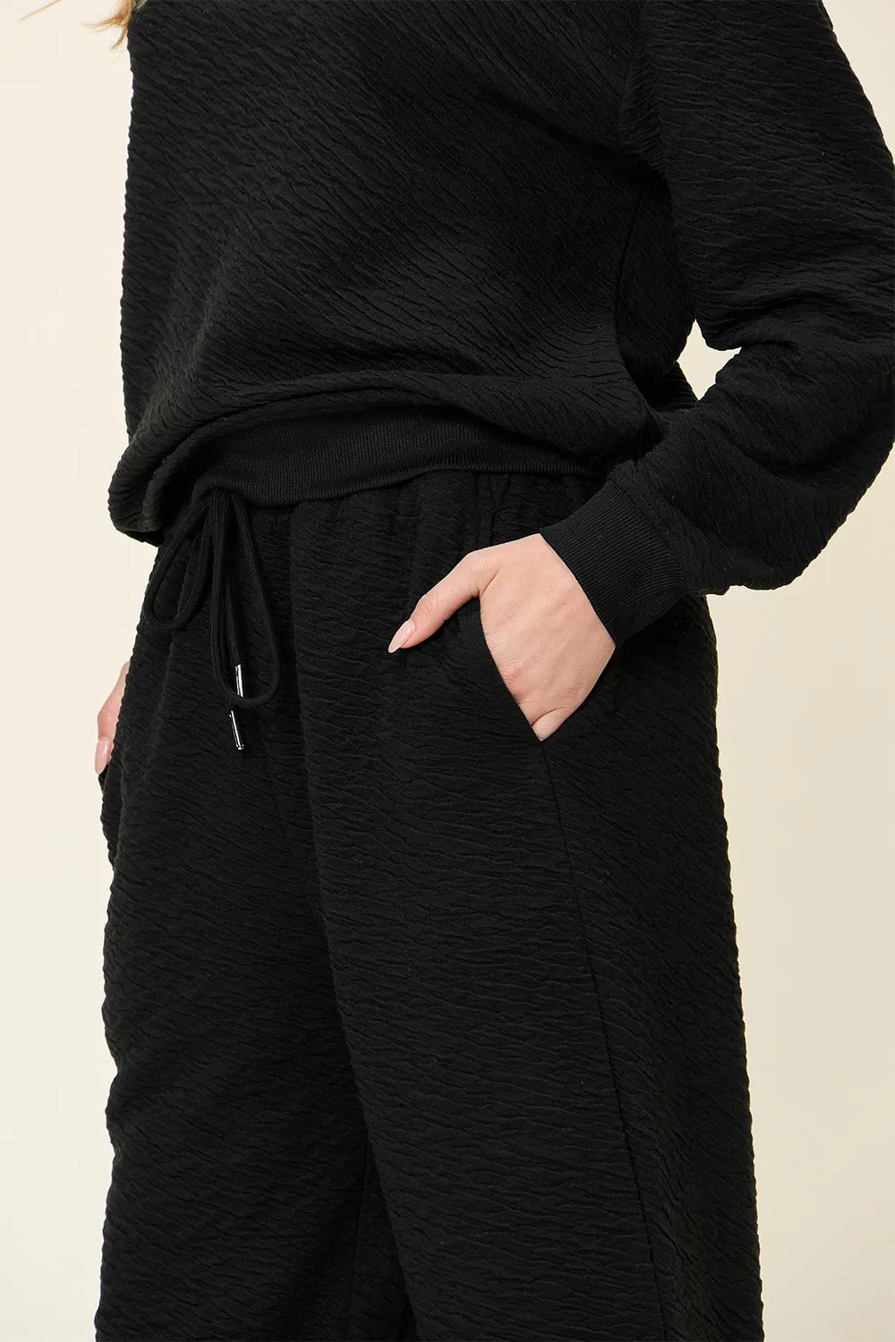 Double Take Full Size Texture Long Sleeve Top and Pants Set, view 3