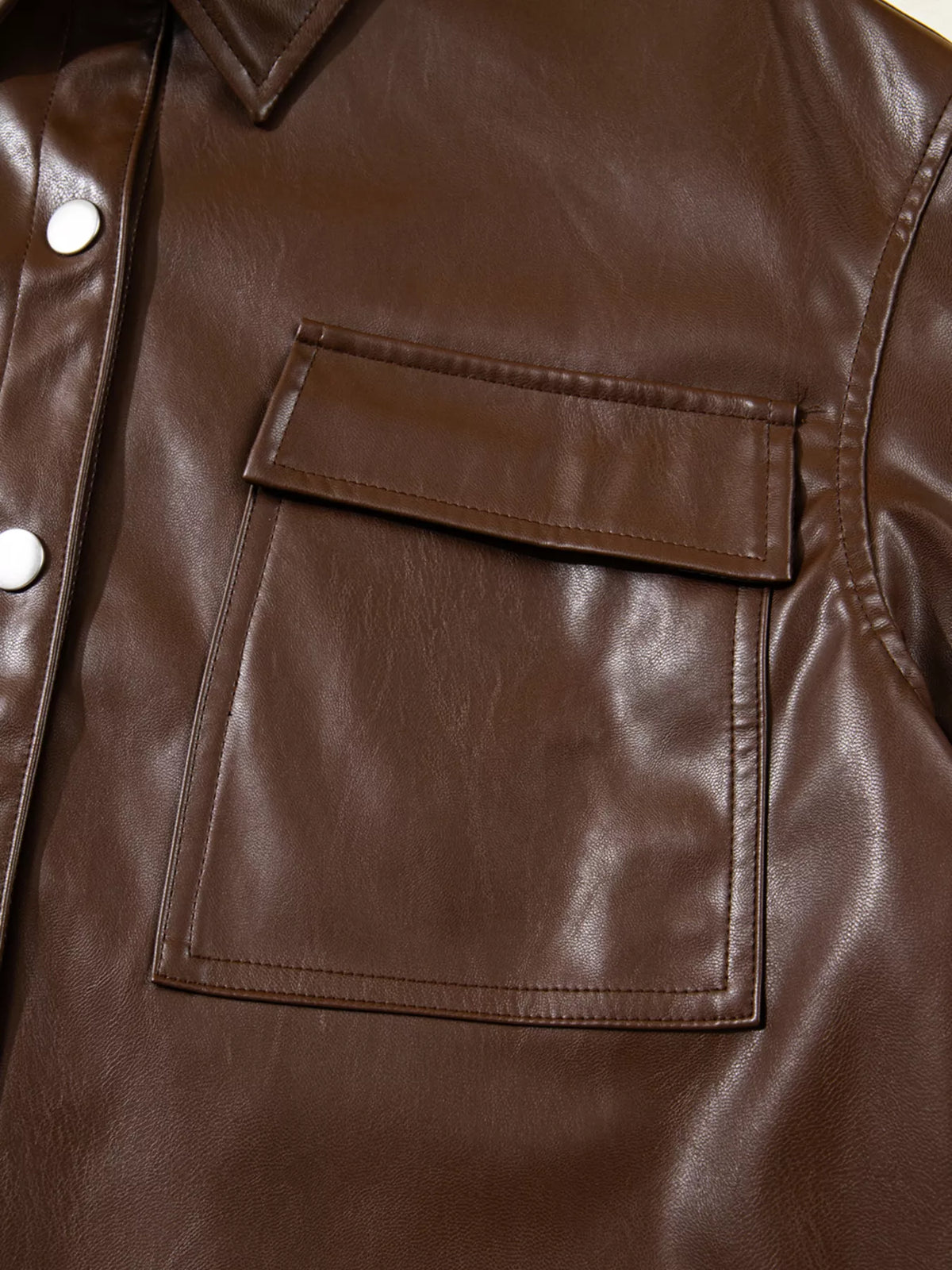 Double Flap Pocket Drawstring Hem Leather Jacket in Dark Brown, view 14