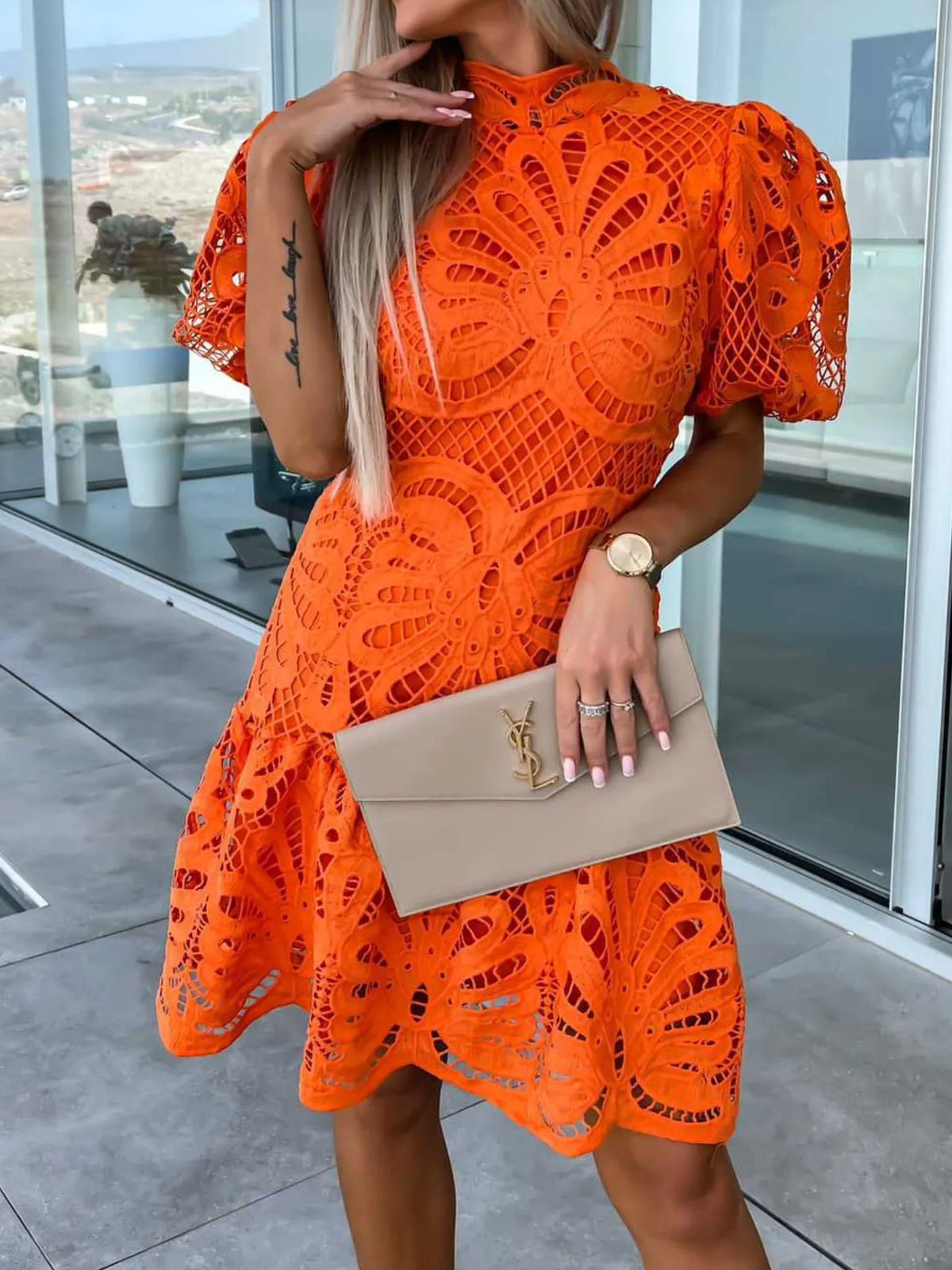 Lace Mock Neck Puff Sleeve Dress - Lilixa.store