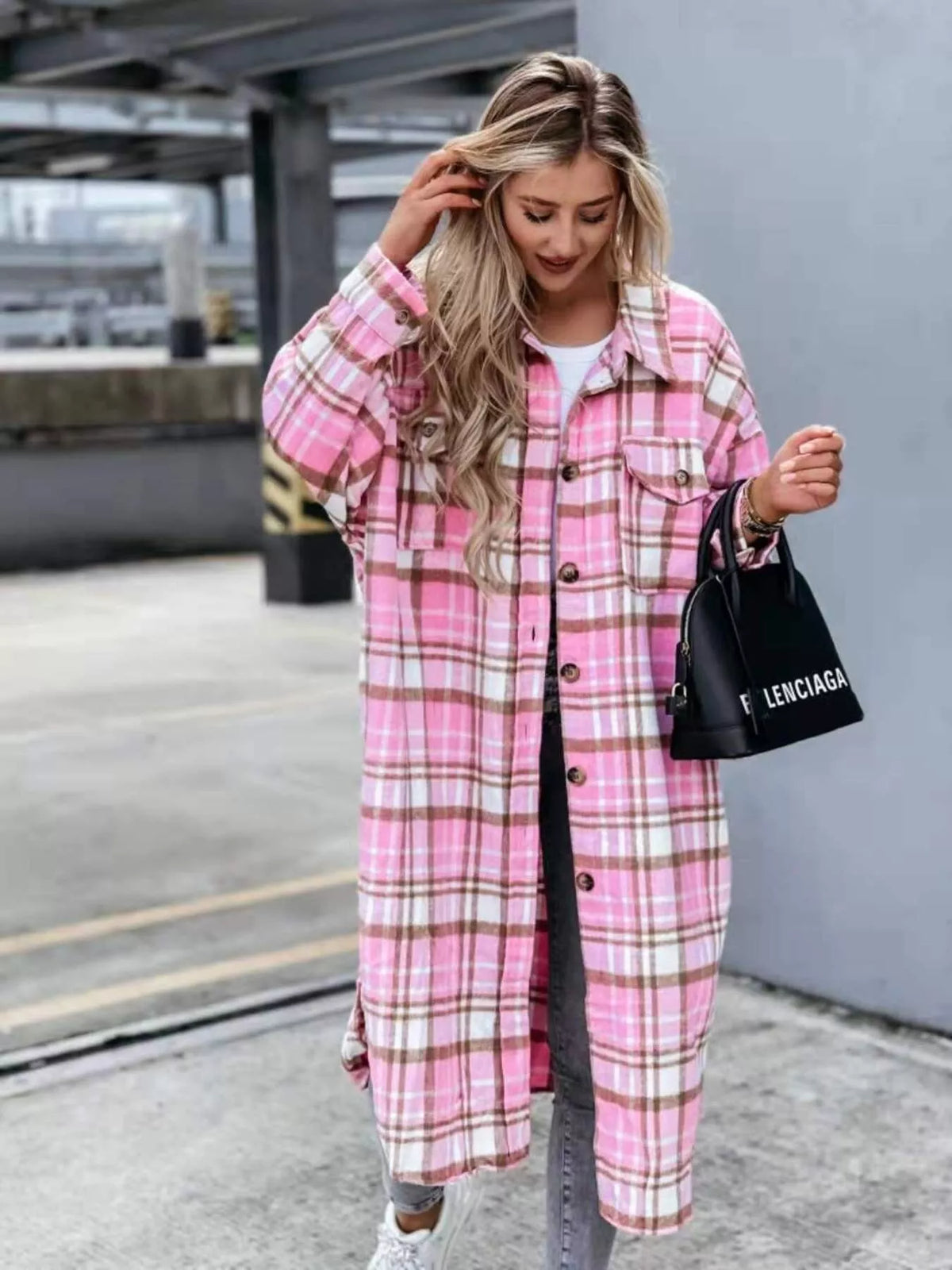 Plaid Button Up Longline Shacket, view 4