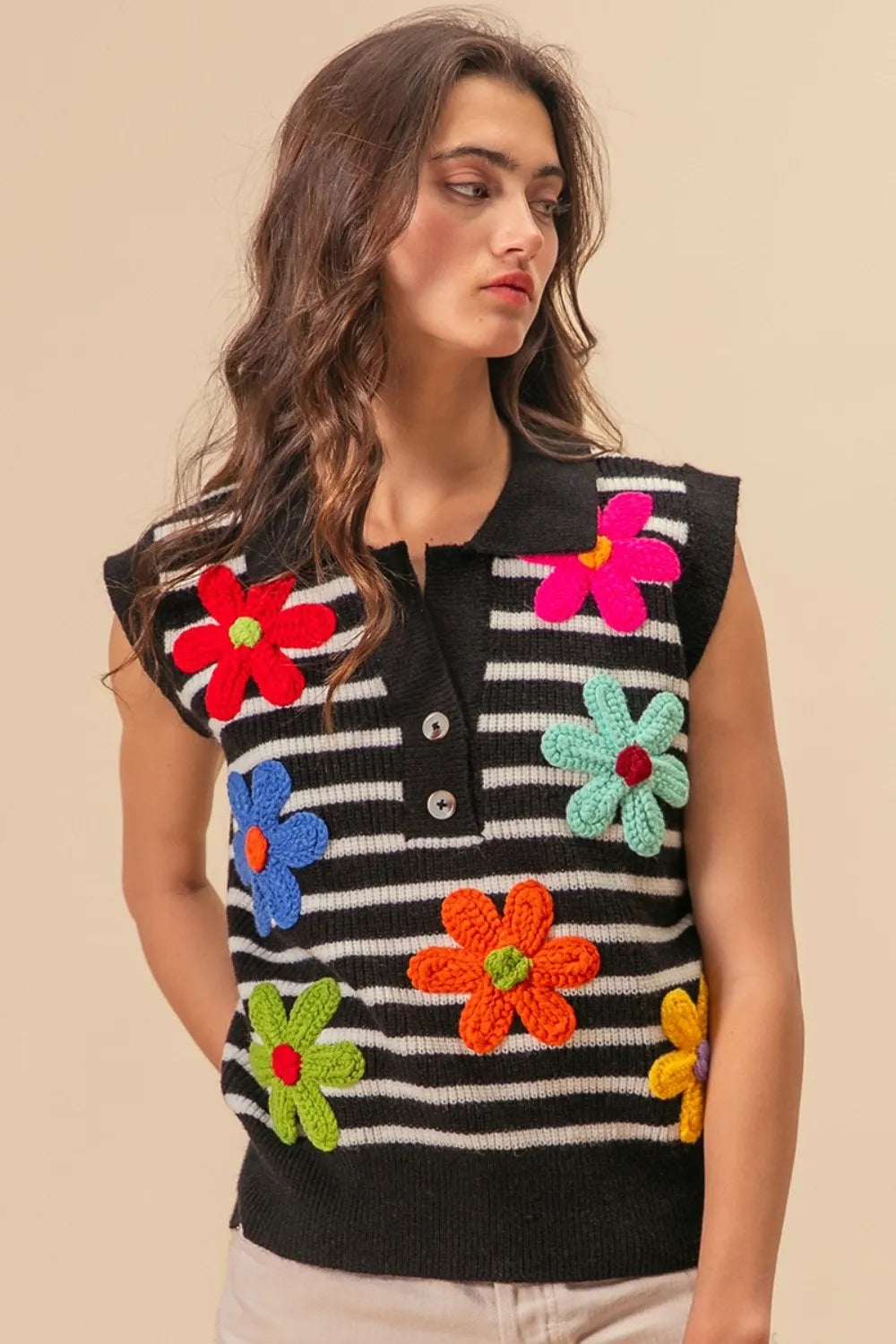 BiBi Flower Patch Striped Half Button Sweater Vest in Black/Ivory, view 2
