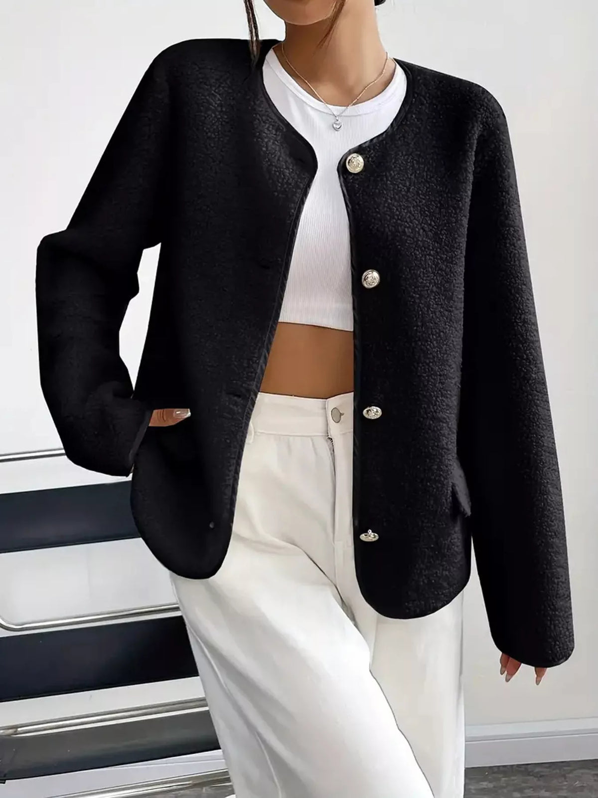 Full Size Textured Button-Up Fleece Outerwear Plus Size - Lilixa.store