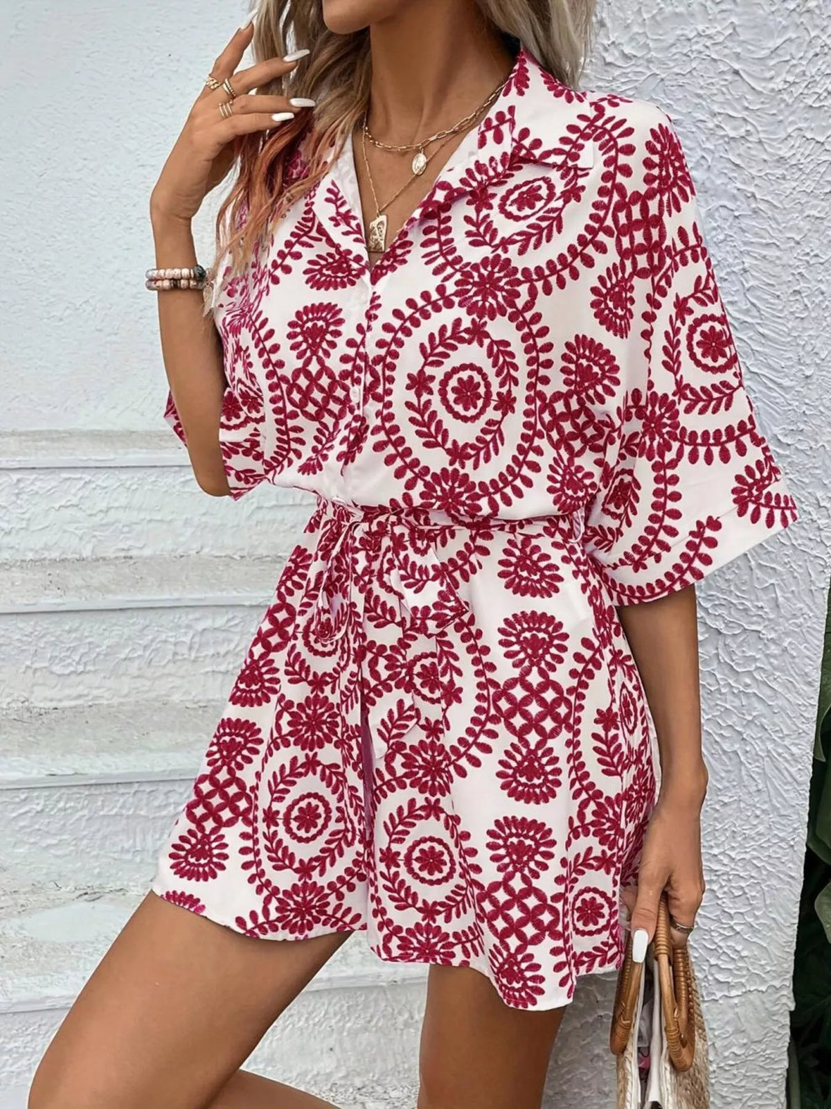 Printed Tie Waist Button Front Romper - Lilixa.store