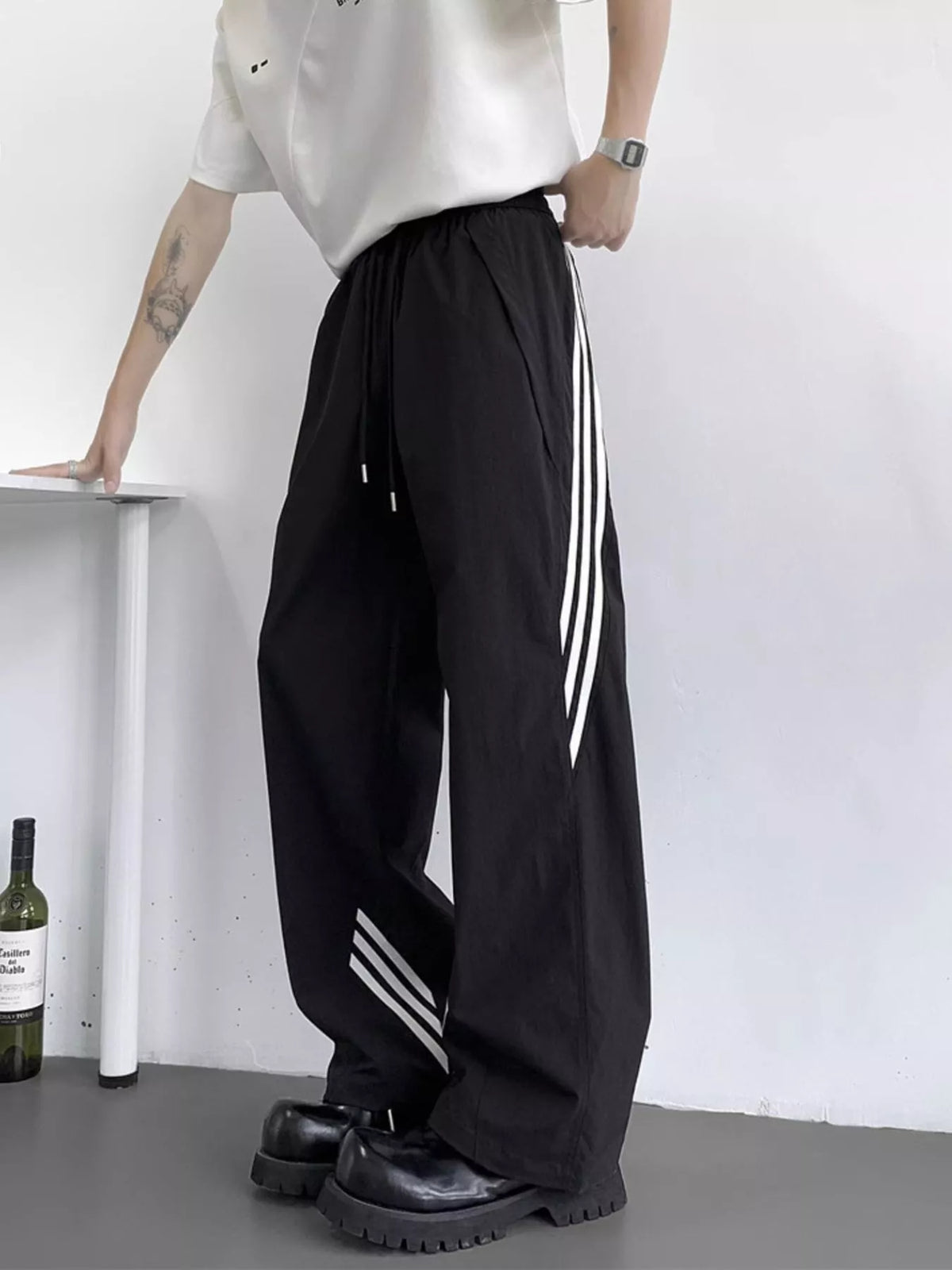 Men's Full Size Striped Wide Leg Pants Plus Size in Black