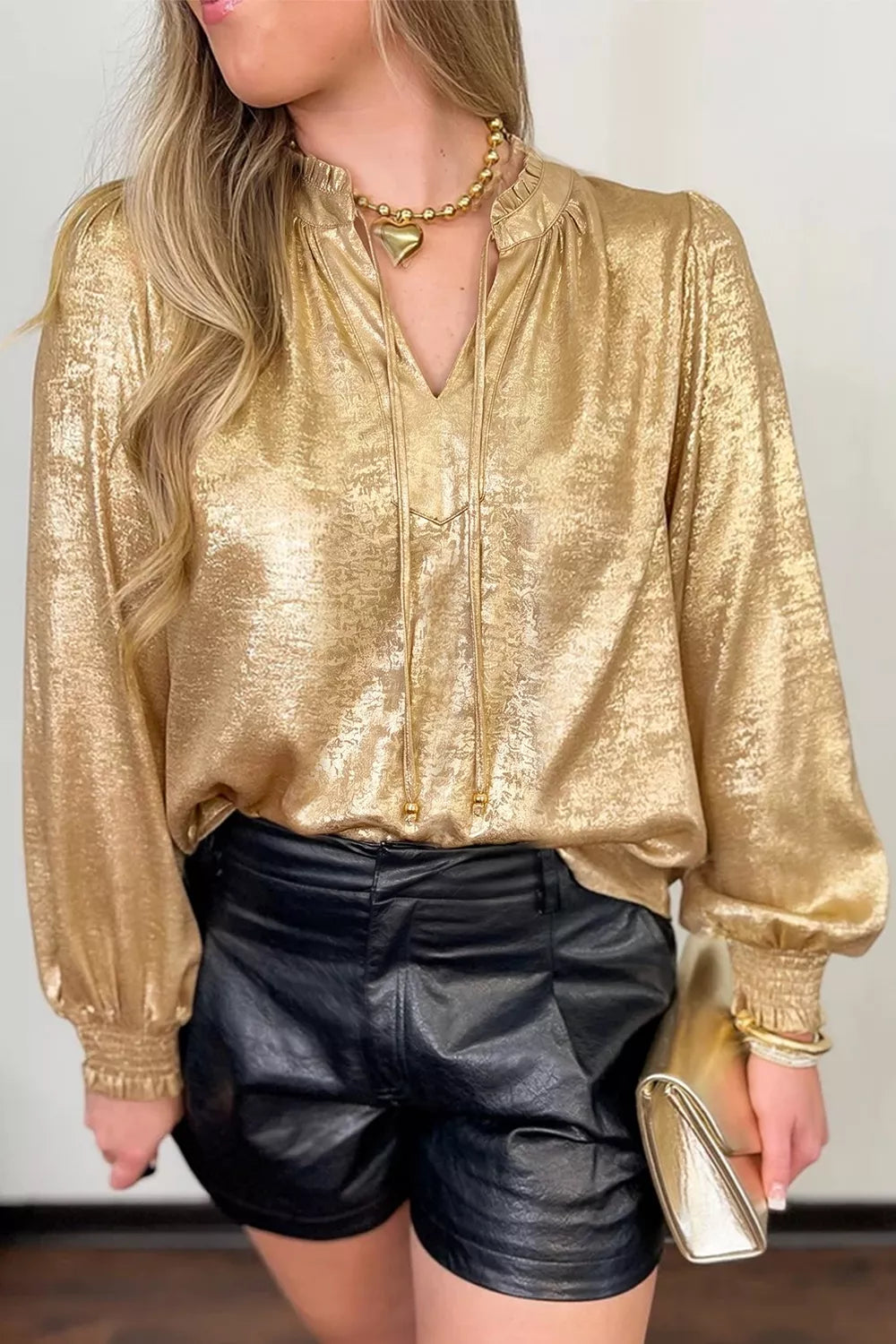 Metallic Sheen V Neck Gathered Cuff Long Sleeve Blouse - Lilixa.store