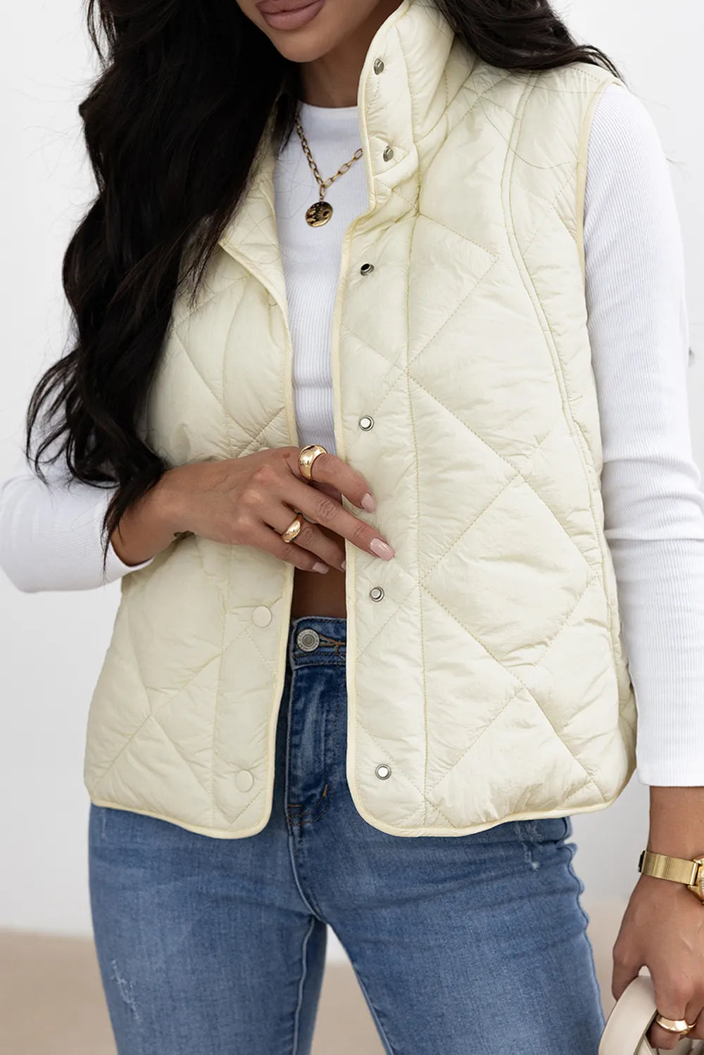 Snap Down Texture Vest Coat with Pockets in Ivory