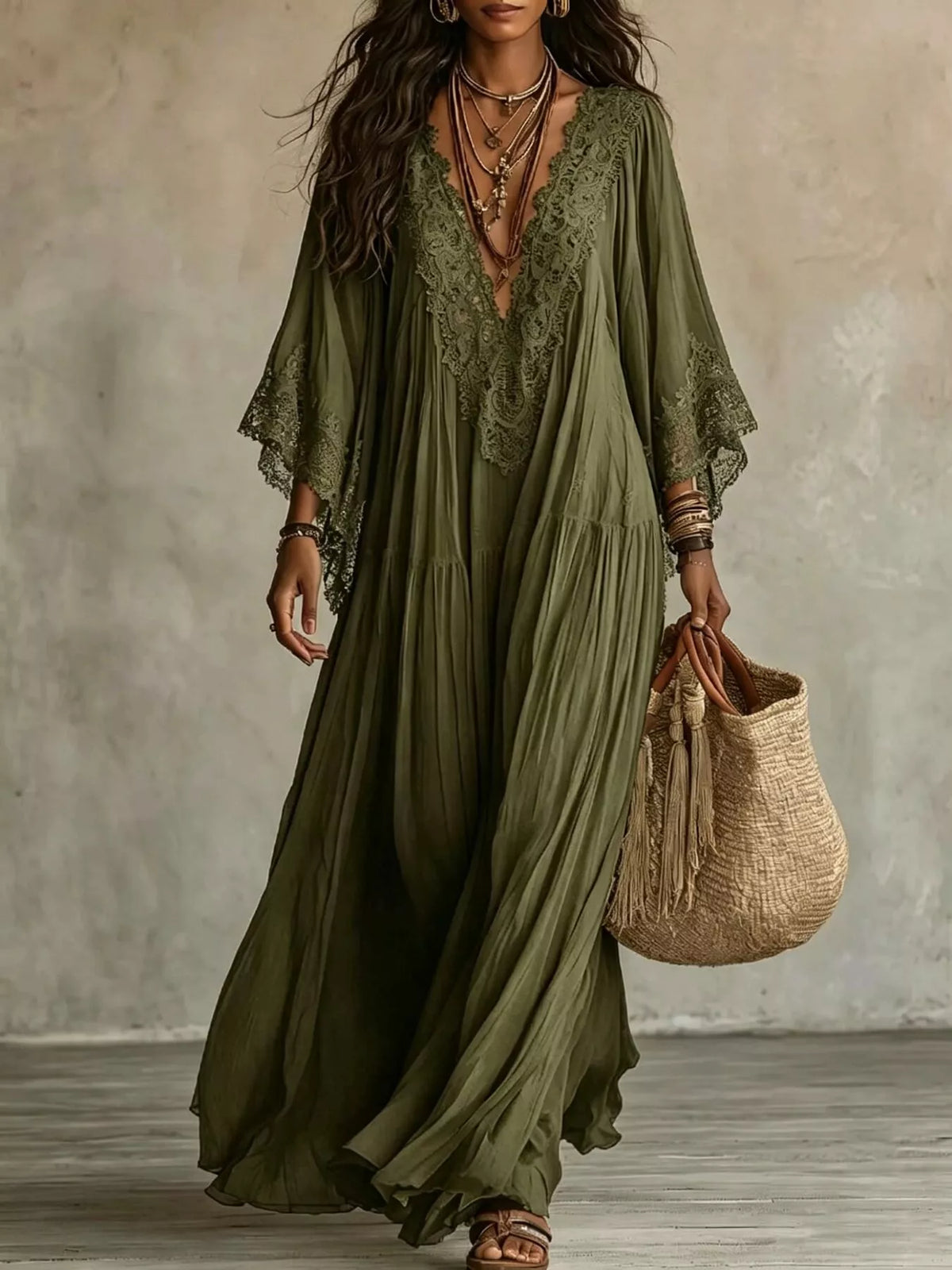 Lace Trim V-Neck Maxi Dress - Lilixa.store