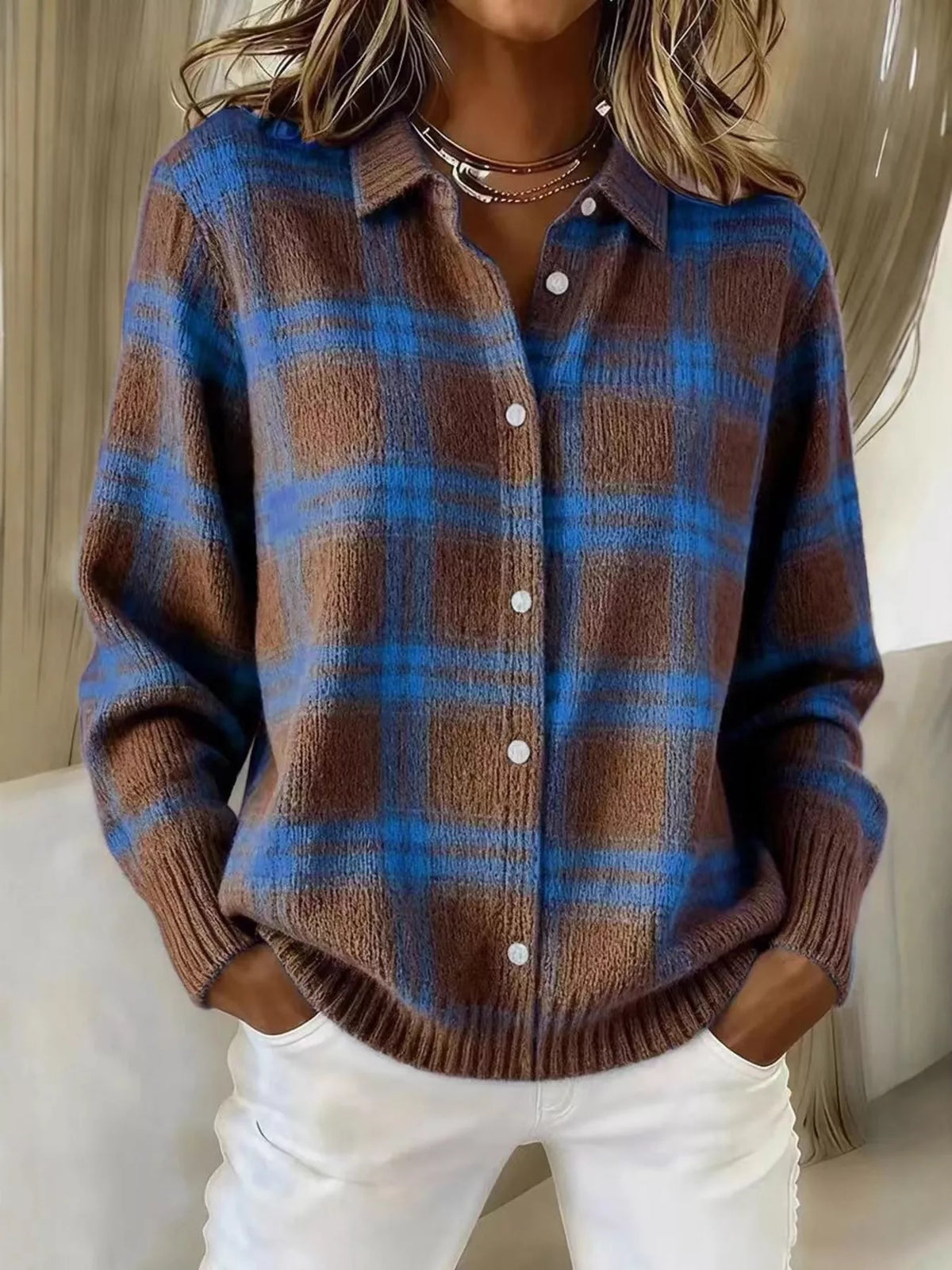 Full Size Plaid Button-Down Knit Cardigan Plus Size - Lilixa.store