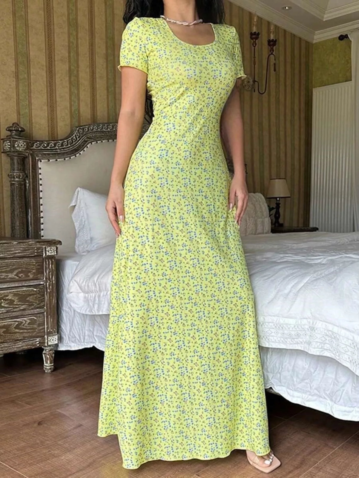 Floral Print Short Sleeve Maxi Dress - Lilixa.store