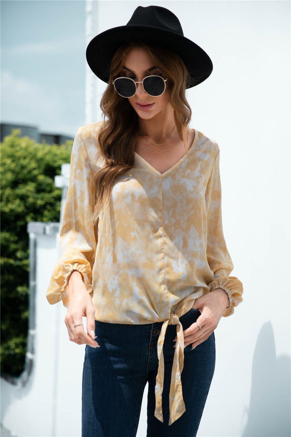 Tie-Dye Tied Balloon Sleeve Blouse in Light Yellow, view 5