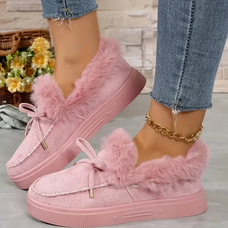Bow Furry Round Toe Flat Slip-Ons, view 5