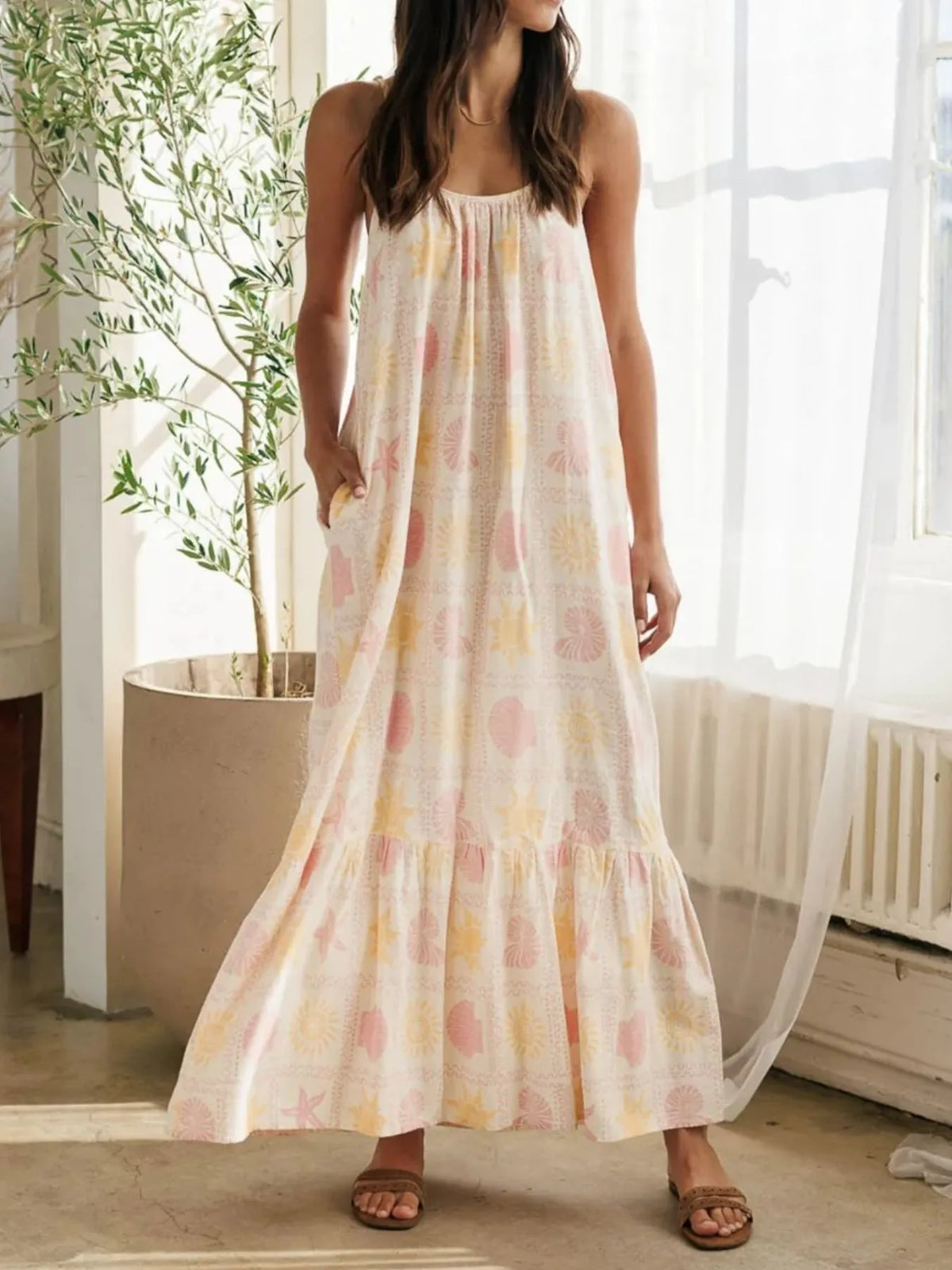 Printed Maxi Lounge Dress with Ruffled Hem - Lilixa.store