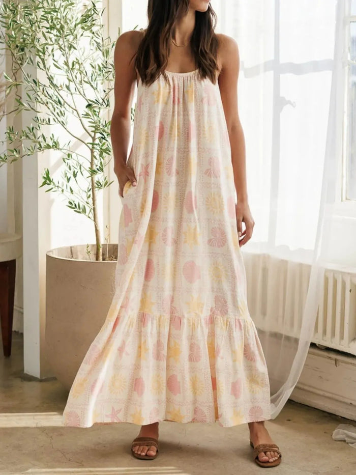Printed Maxi Lounge Dress with Ruffled Hem - Lilixa.store