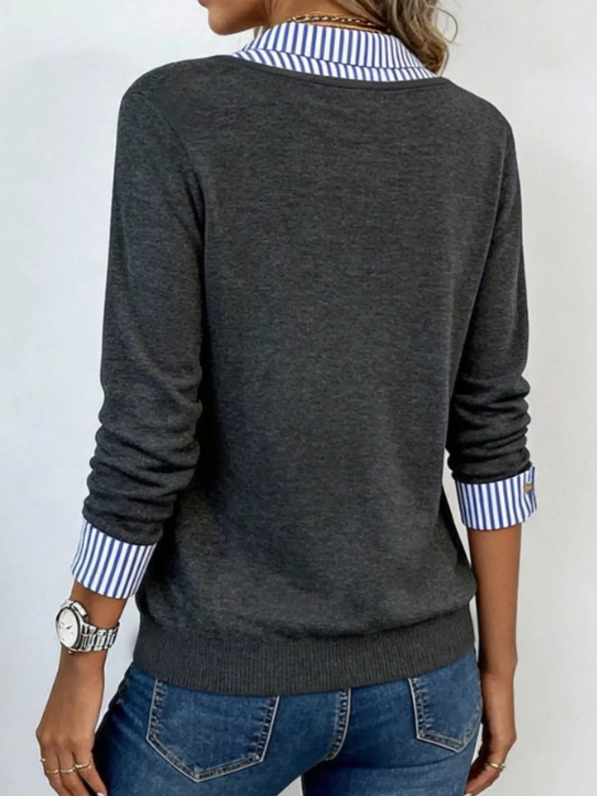 Layered Look Striped Collar Long Sleeve Top
