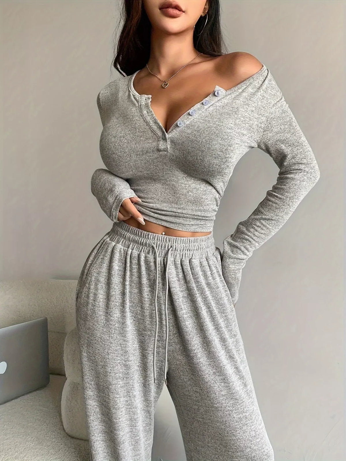 Button Detail Long Sleeve Top and Wide-Leg Pants Set