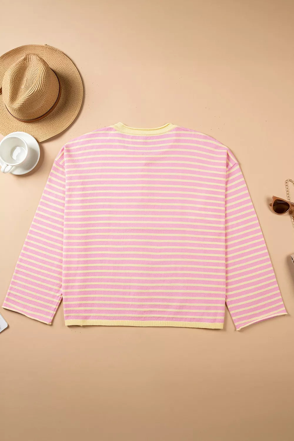 Plus Size Striped Long Sleeve Button Detail Sweater in Dusty Pink, view 7