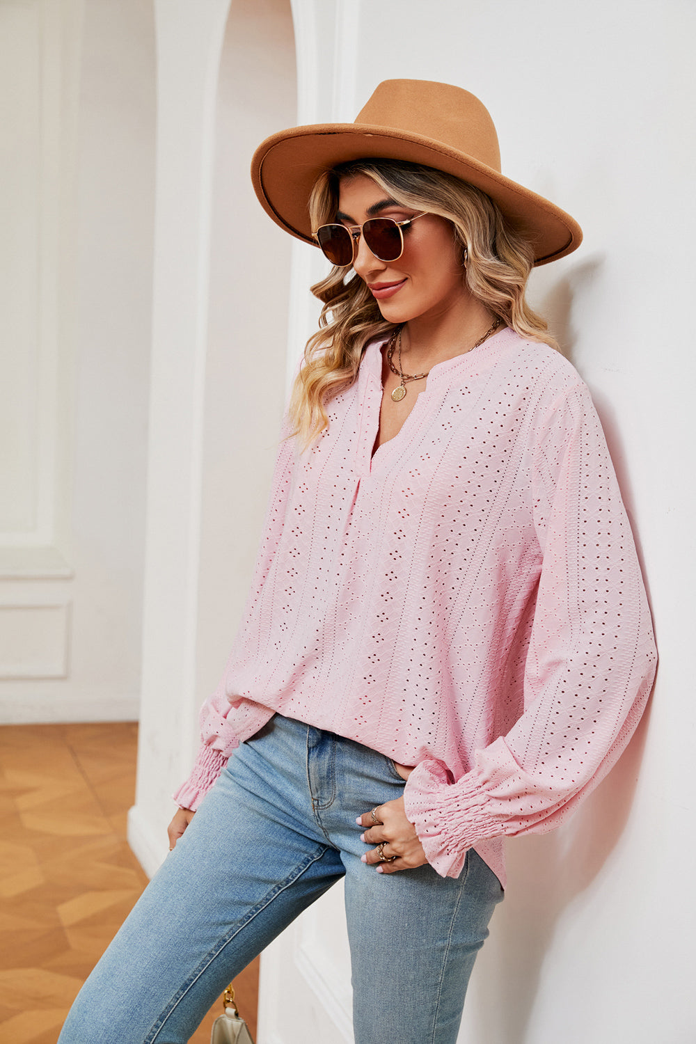 Notched Neck Flounce Sleeve Blouse, view 8