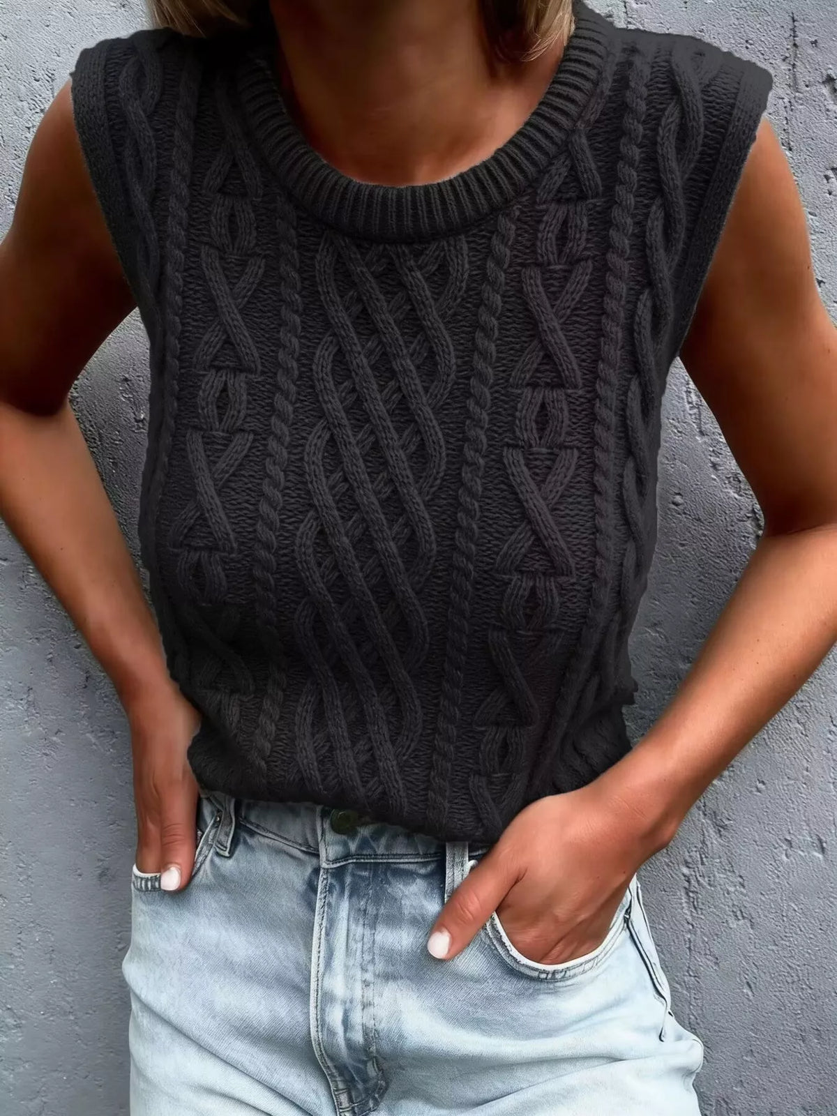 Cable Knit Sweater Vest in Black