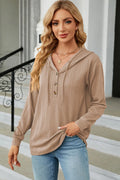 Drawstring Half Button Long Sleeve Hoodie - Lilixa.store