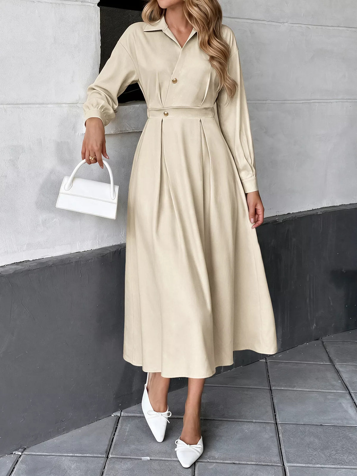 Pleated Button Detail Long Sleeve Shirt Dress