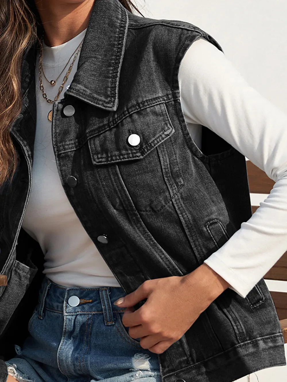Collared Neck Sleeveless Denim Jacket in Black, view 3