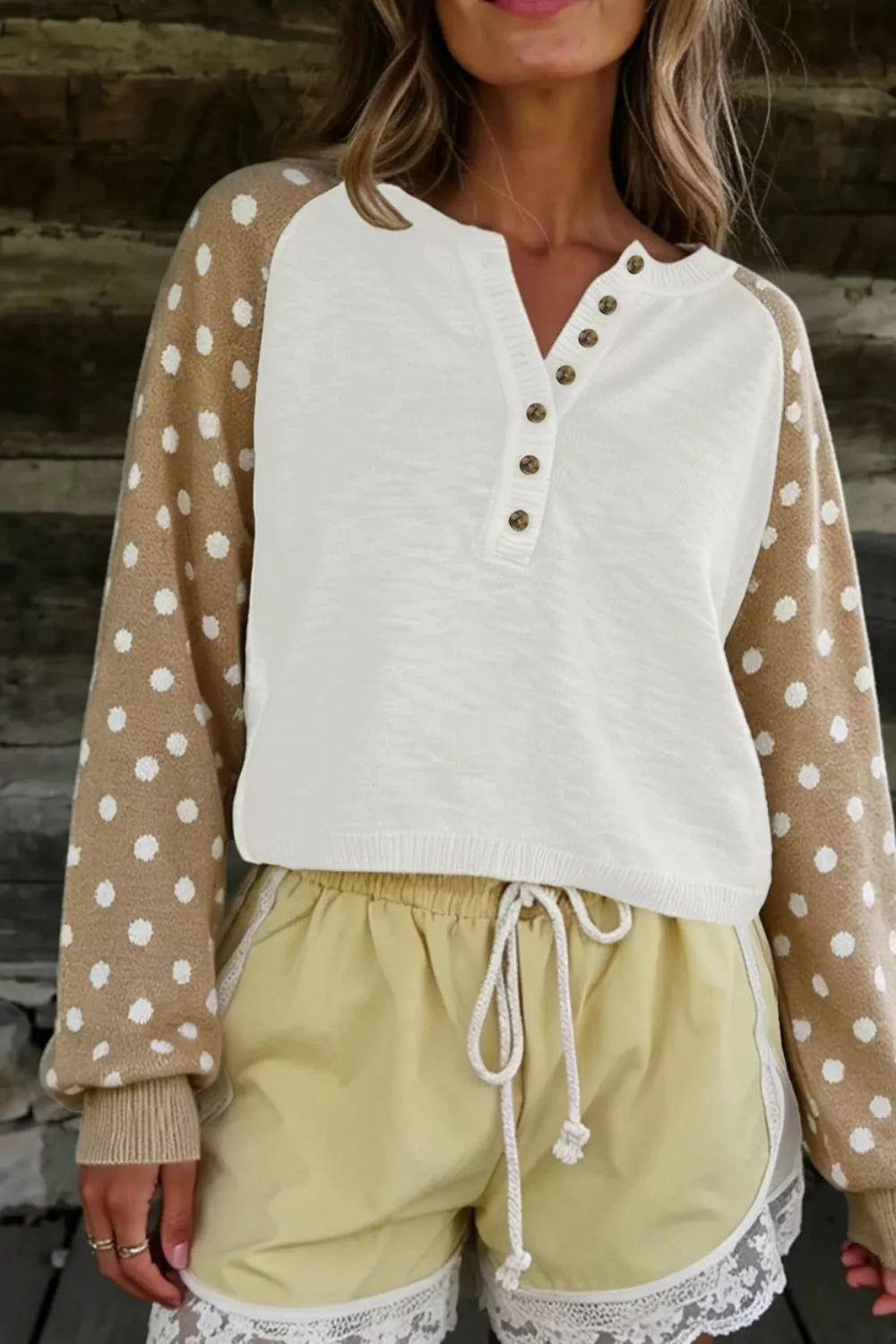 Polka Dot Contrast Long Sleeve Button V Neck Sweater