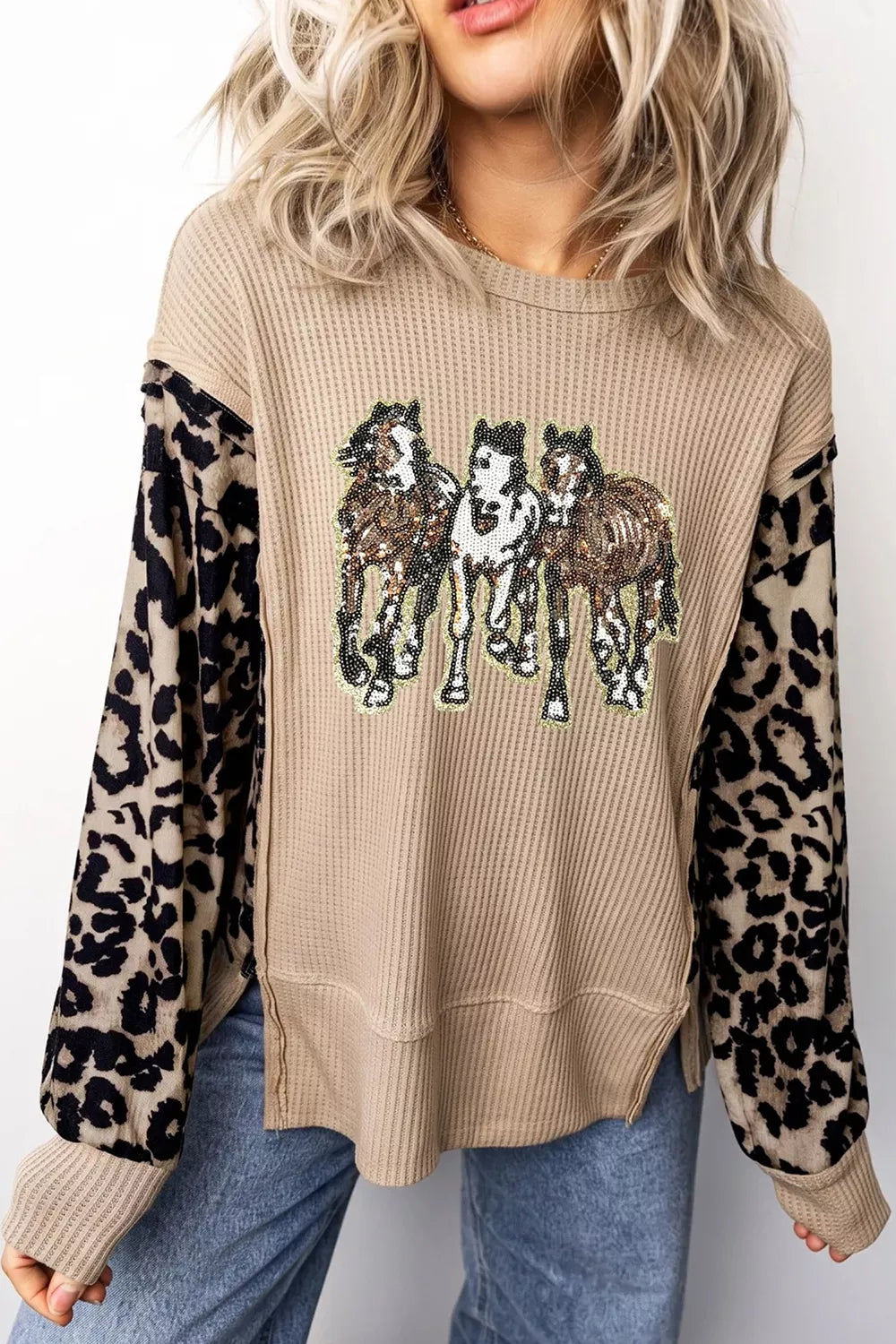 Sequined Western Horse Graphic Leopard Sleeve Patchwork Waffle Knit Top in Khaki