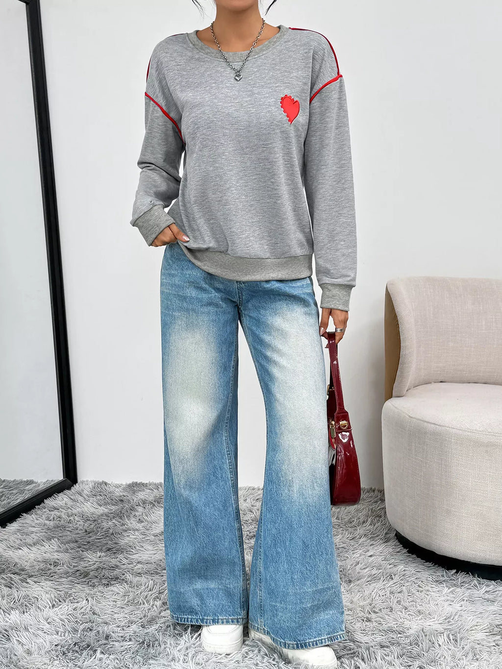 Heart Embroidered Round Neck Sweatshirt - Lilixa.store