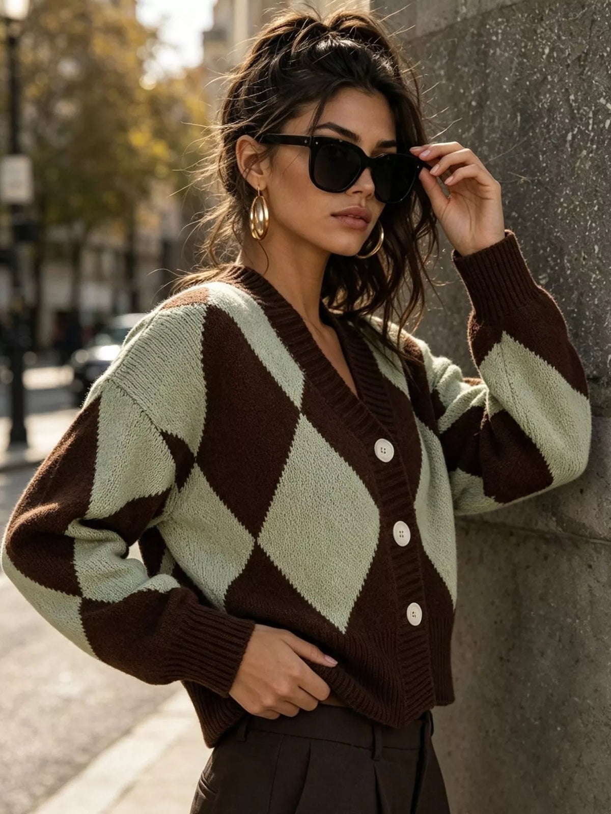 Argyle Pattern V-Neck Button-Down Cardigan in Brown
