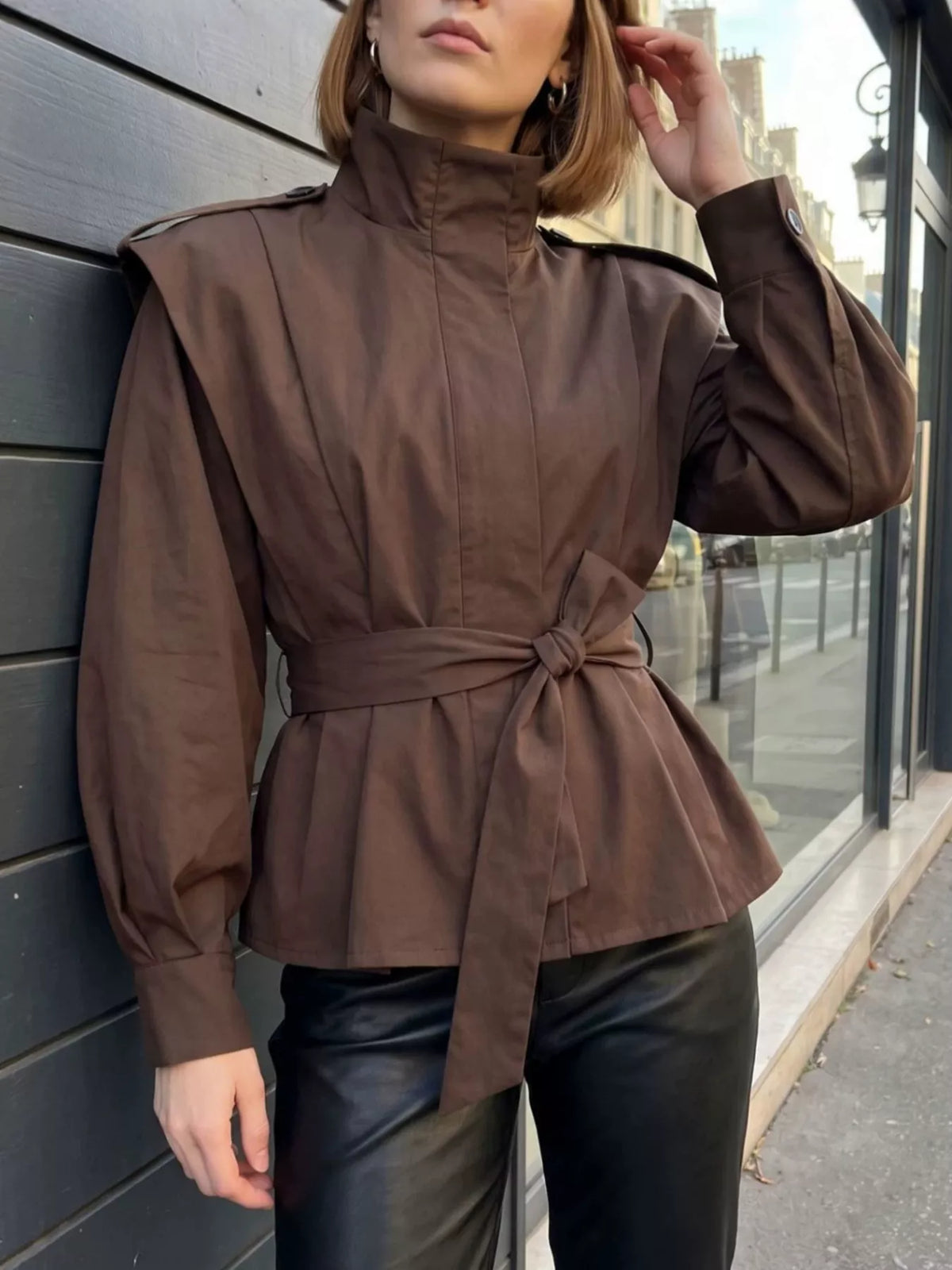Stand-Collar Belted Outerwear - Lilixa.store