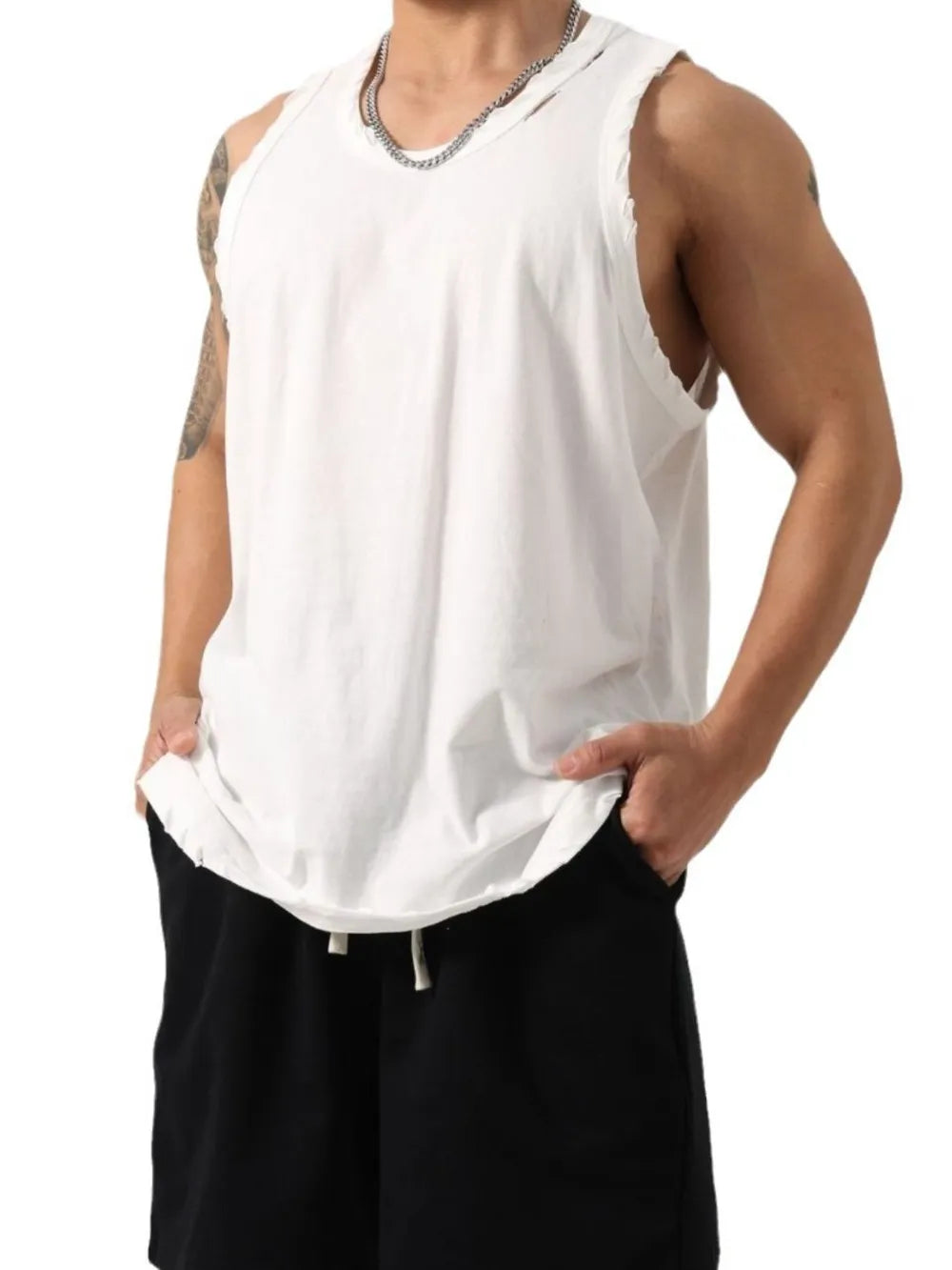 Men's Plus Size Distressed Hem Round Neck Tank - Lilixa.store