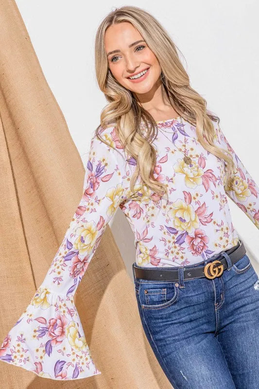 And The Why Floral Printed Bell Sleeve Casual Top in Mustard Mauve, view 7