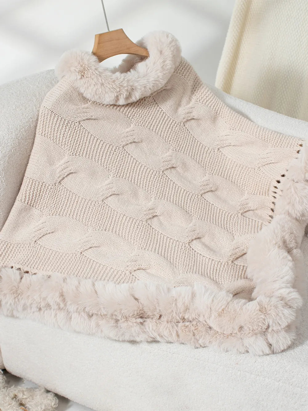 Fuzzy Hem Cable-Knit Poncho - Lilixa.store